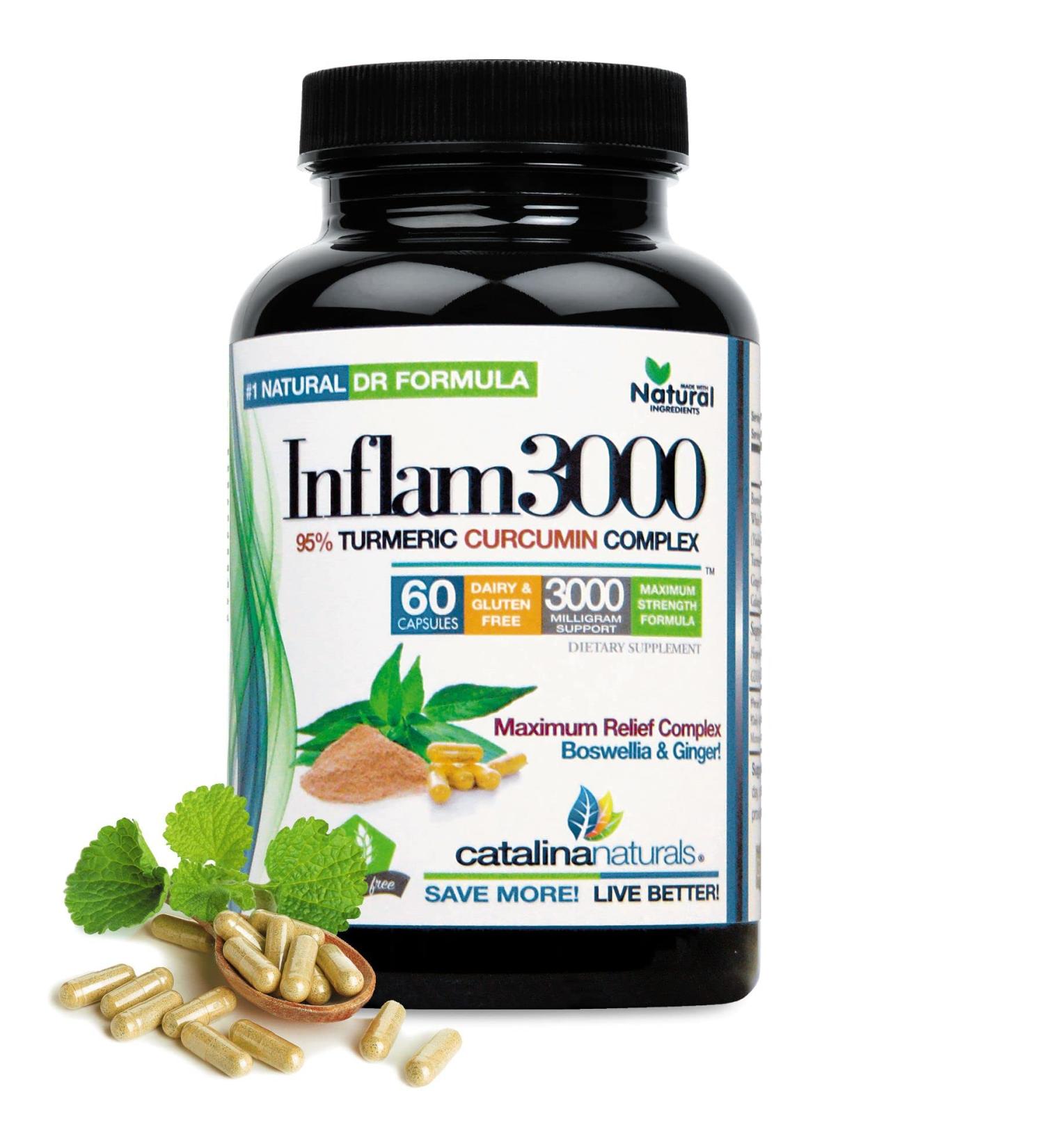 Catalina Naturals Inflam3000 3000mg 60 Capsules - 95% Curcuminoids Turmeric Curcumin Ginger - Gluten Free - Buy Online on GoSupps.com