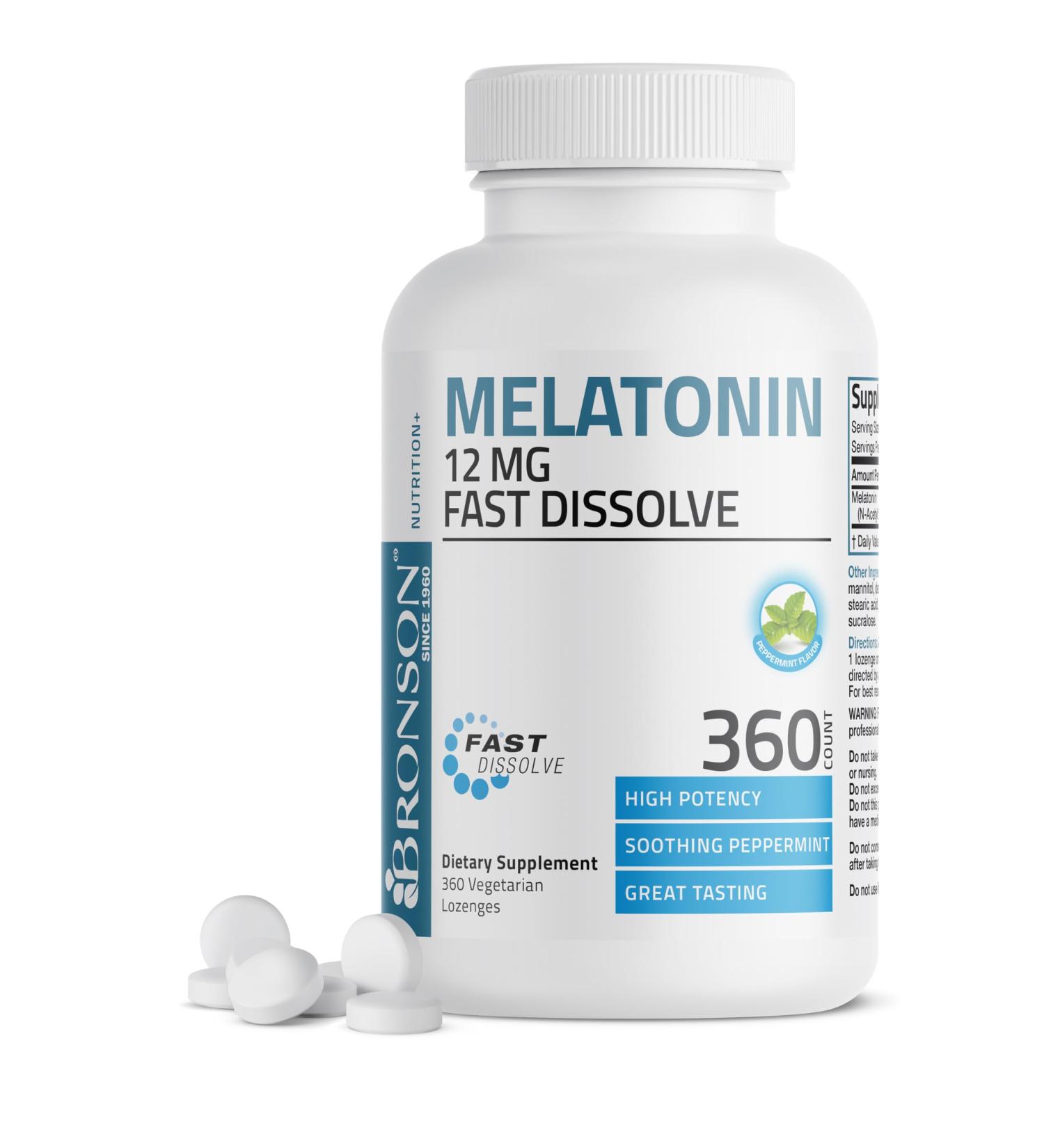Bronson Melatonin 12mg Fast Dissolve Nighttime Sleep Aid Support & Relaxation Support, 360 Peppermint Vegetarian Lozenges 360 Count (Pack of 1) - Buy Online on GoSupps.com