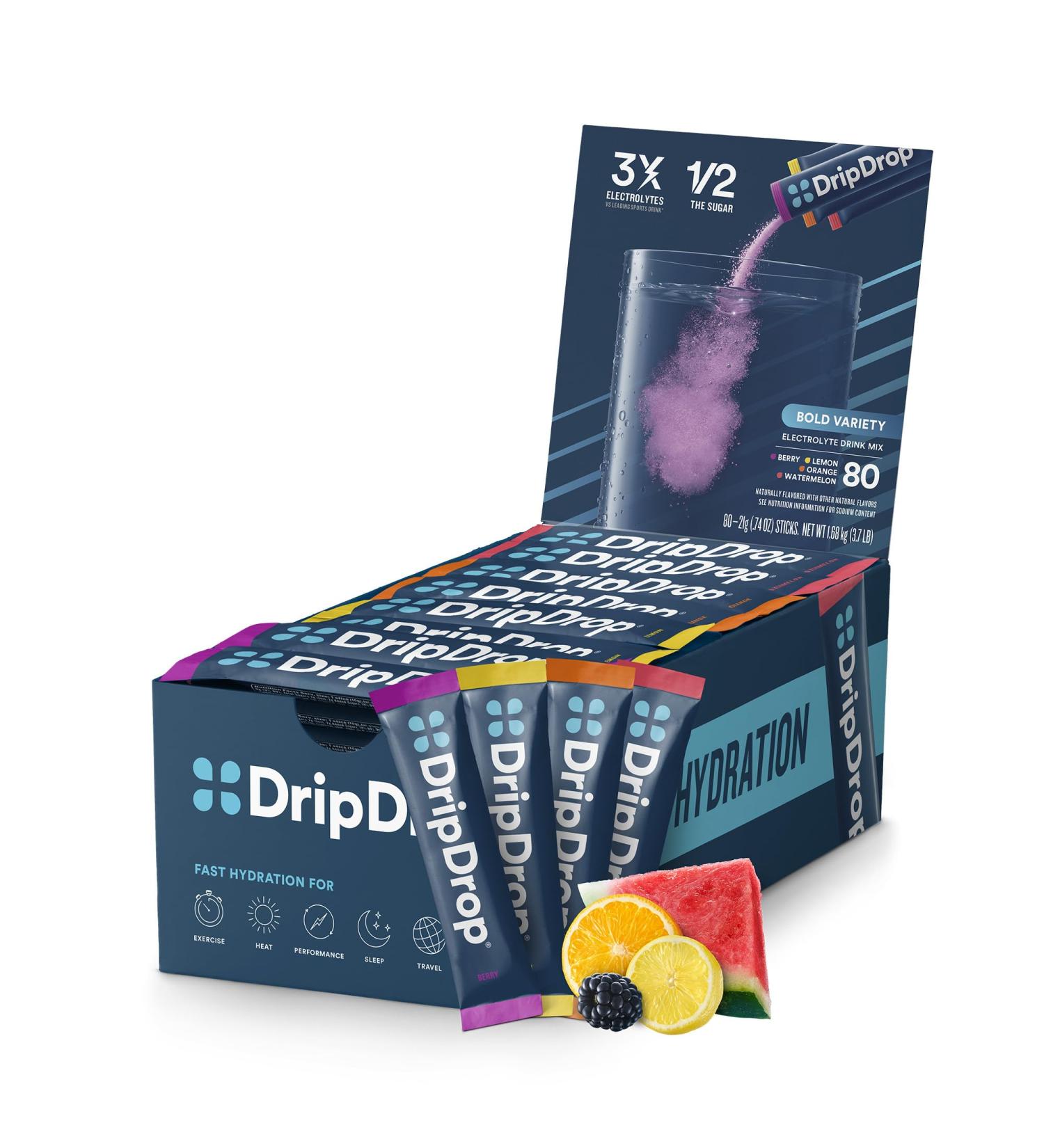 DripDrop Hydration Packets - Bold Variety Pack - Single Serve Electrolytes Powder Drink Mix - Watermelon Berry Lemon Orange - Non-GMO Gluten Free Vegan - 80 Sticks - Buy Online on GoSupps.com