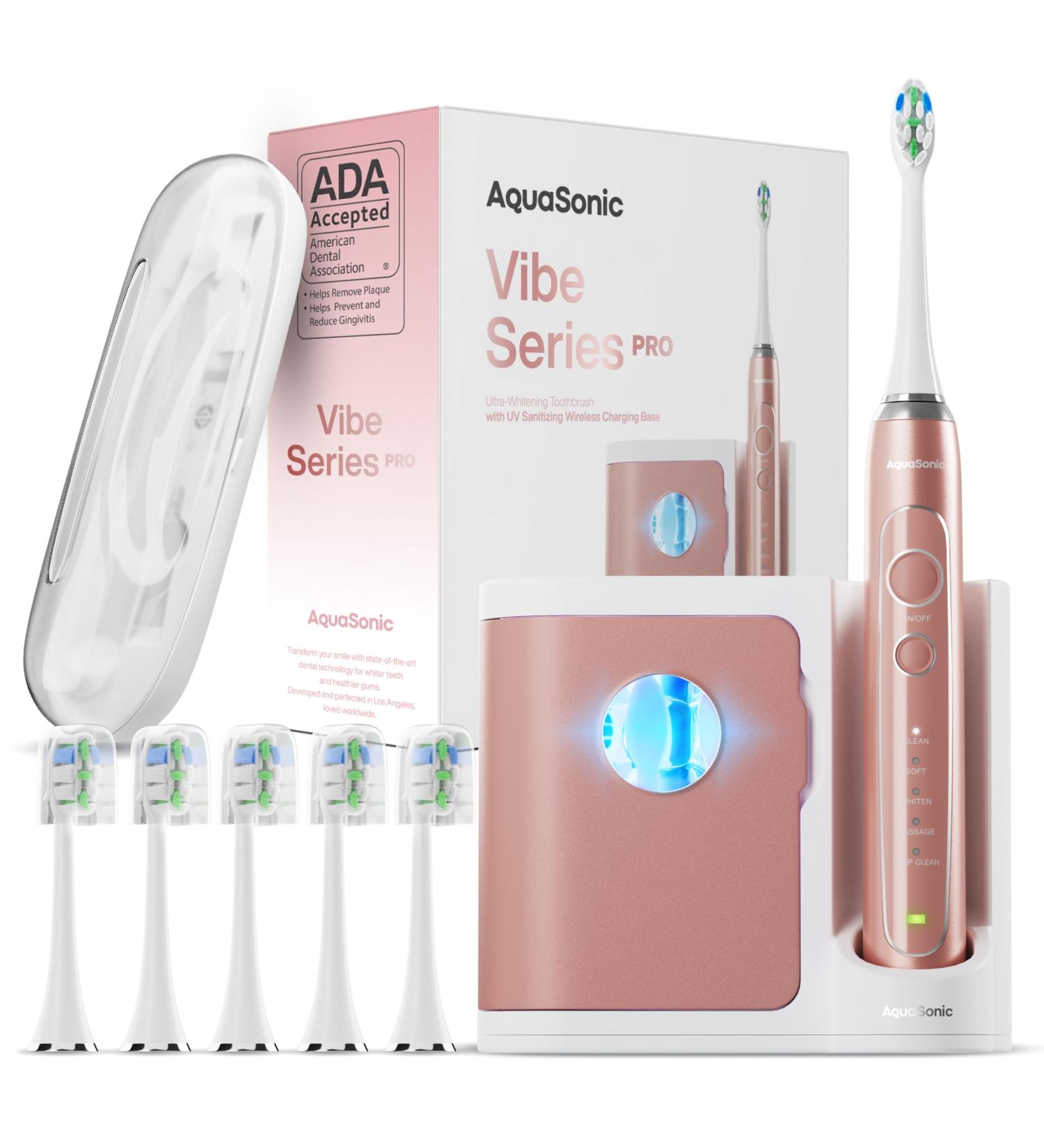 Aquasonic Vibe Series PRO - Ultra-Whitening Electric Toothbrush | 5 Modes Smart Timers & UV Sanitizing | ADA Accepted - Satin Rose Gold - Buy Online on GoSupps.com