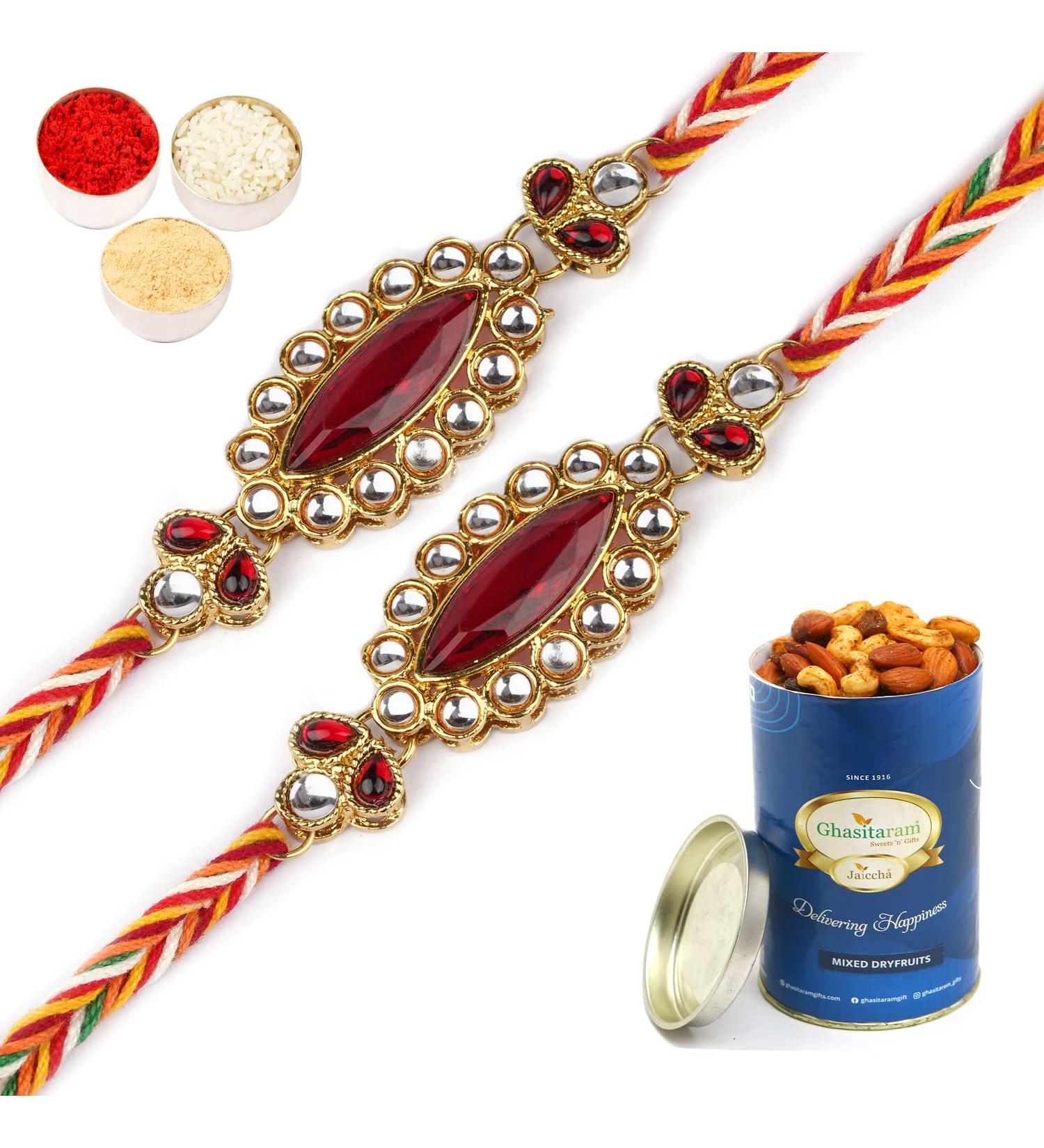 Ghasitaram Gifts Rakhis Online Set of Two J-3756 Big Oval Jewel Rakhiwith 100 GMS of Dryfruits Mix Can 2 Rakhi with 100 gms of Dryfruits Mix Can - Buy Online on GoSupps.com