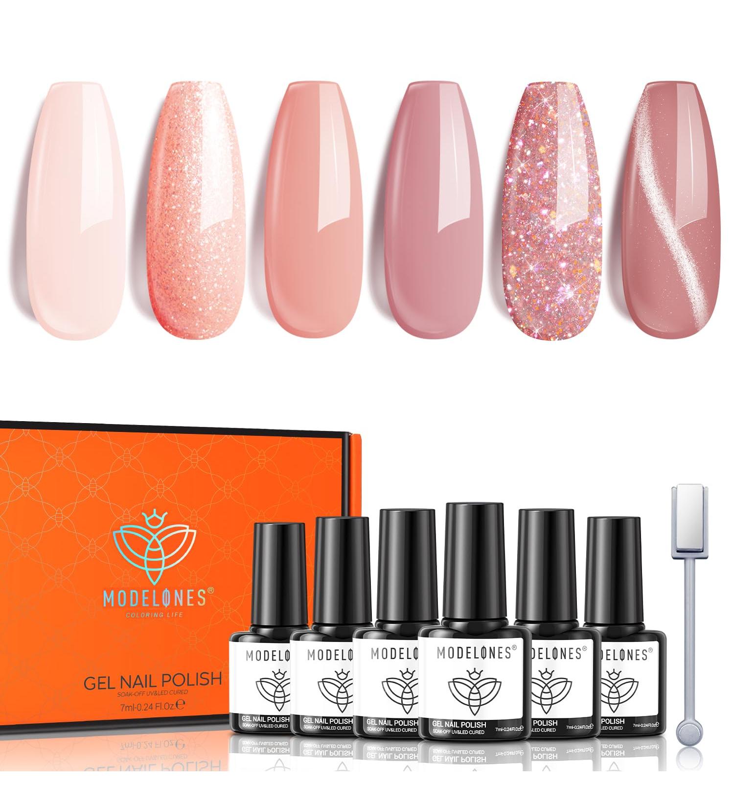 Modelones Nude Pink Glitter Gel Nail Polish Kit - 6 Colors | Soak off, Cat Eye Magnetic, DIY Manicure | Salon Quality Neutral Tones for Women - Buy Online on GoSupps.com