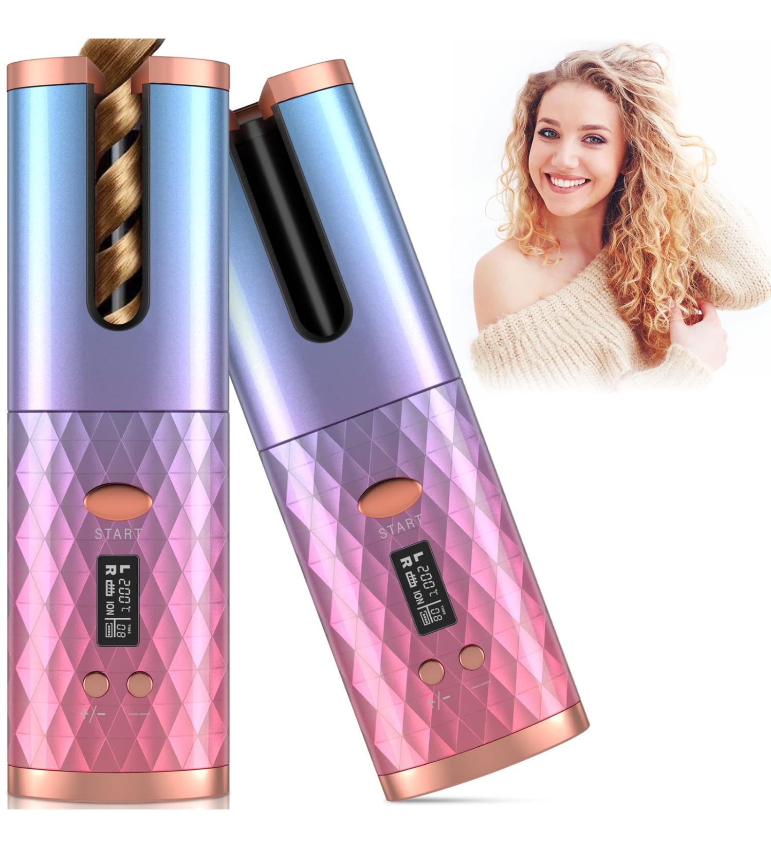 Cordless Automatic Hair Curler - Ceramic Rotating Wand with 6 Temps & Timers, Portable Rechargeable Curling Iron - Fast Heating, Auto Shut-Off - Pink - Buy Online on GoSupps.com