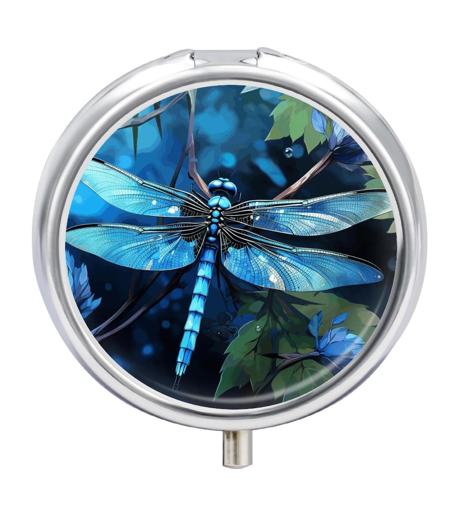 Blue Dragonfly Print Round Pill Box - 3 Compartment Decorative Metal Portable Pill Organizer for Medicine - Ideal for Travel - Buy Online on GoSupps.com