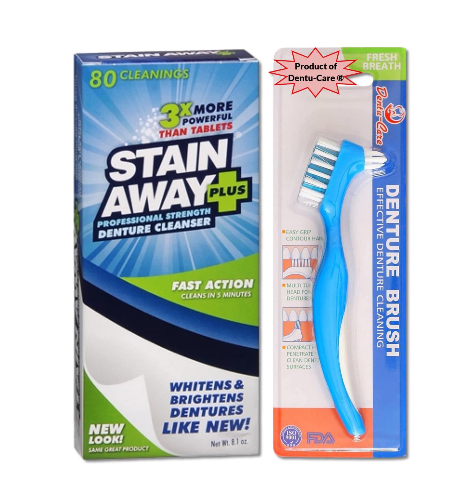 Stainaway Denture Cleaner: 80 Tablets Bundle + Dentu-Care Brush for Full/Partial Dentures - Maintain Oral Care & Sparkle - Buy Online on GoSupps.com