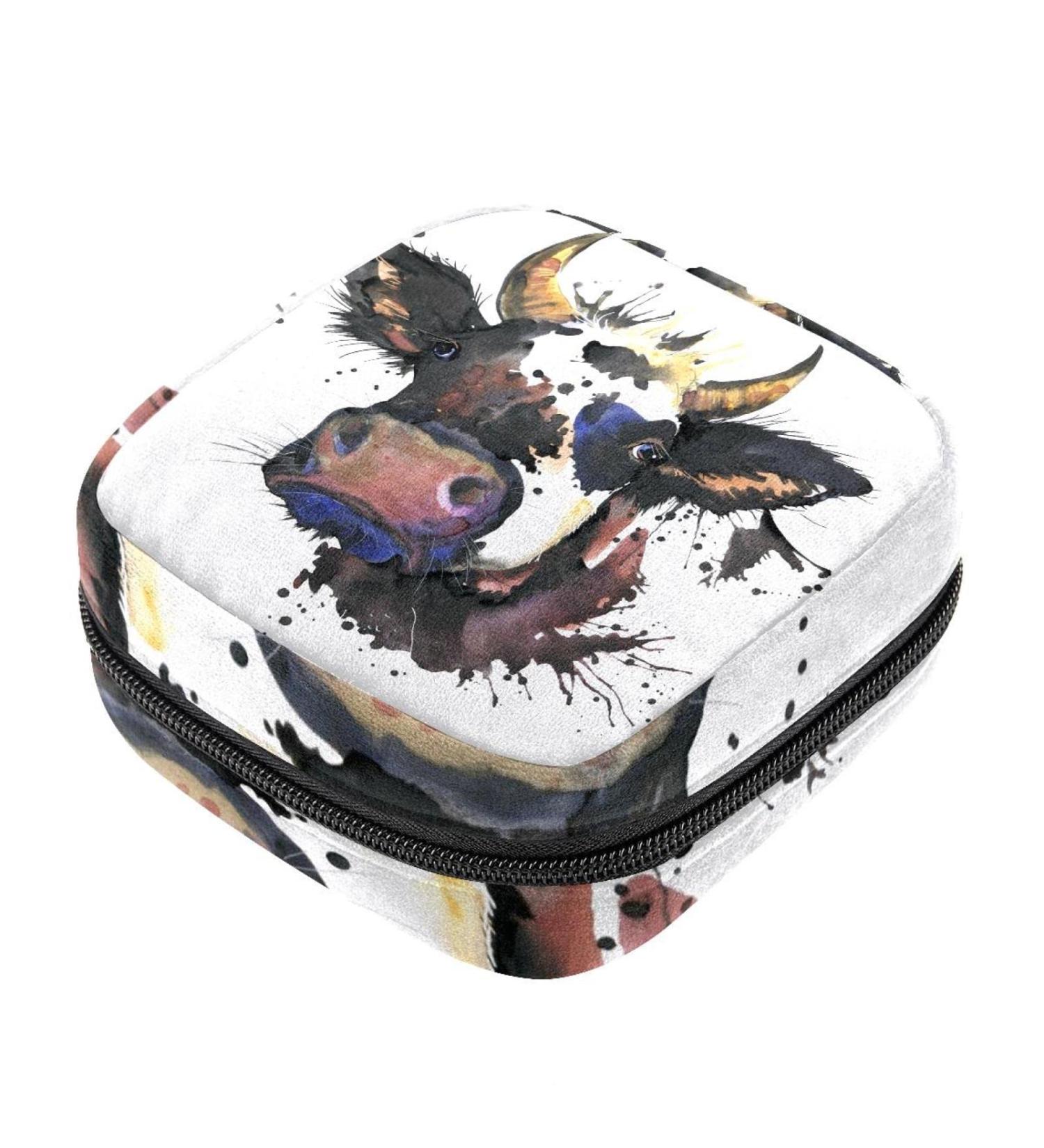 Eco-Friendly Menstruation Pad Bag with Zipper - Stylish Tampon & Napkin Organizer for Women & Girls | Cow Watercolor Design - Buy Online on GoSupps.com