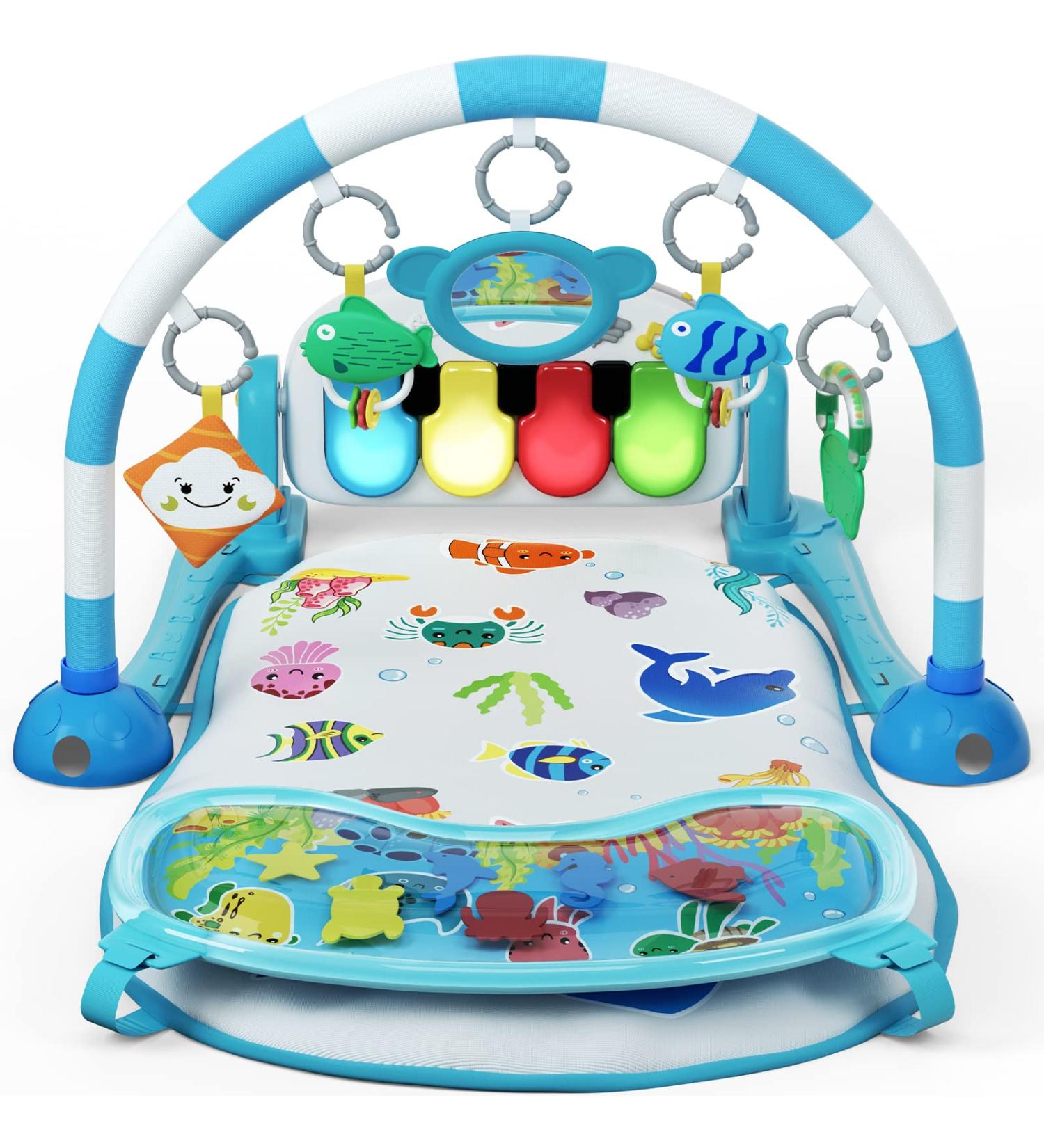 UNIH Baby Gym Play Mat with Kick and Play Piano, Water Mat, Tummy Time Mat - Musical Light Activity Center for Infants, Toddlers - Blue - Buy Online on GoSupps.com
