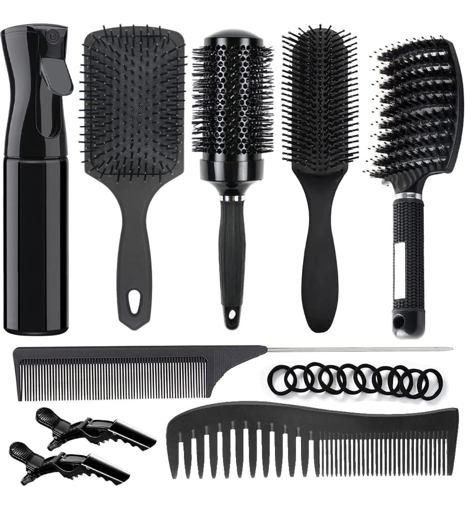 9PCS Hair Brush Set for Wet Long Thick Hair - Detangling Round & Paddle Brushes with Spray Bottle - Ideal for Wavy Curly Hair - Black (7 piece set) - Buy Online on GoSupps.com