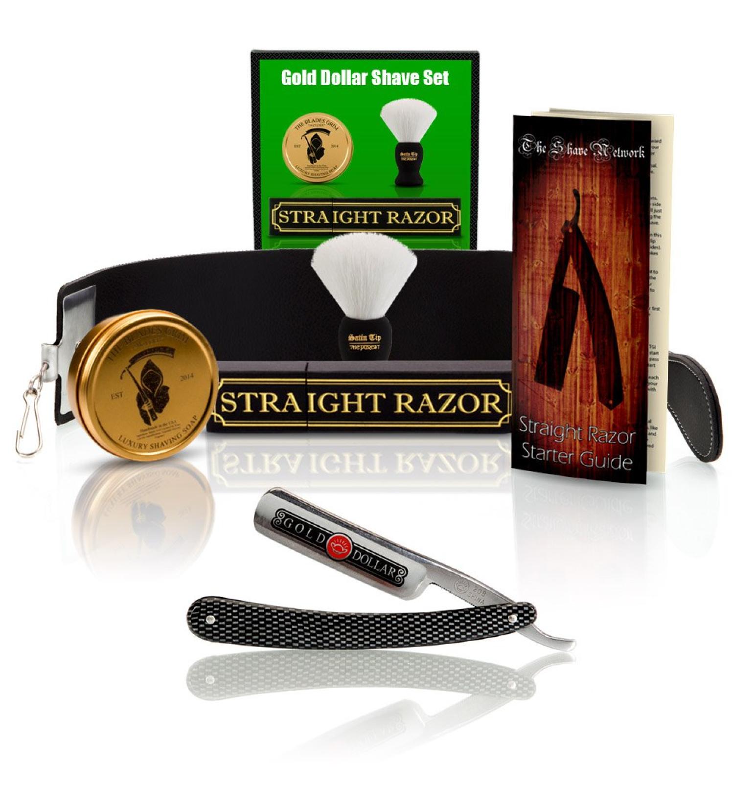 Complete Shaving Straight Razor Set - 6/8 GD Gold Dollar The Blades Grim Soap Synthetic Brush & Strop - International Shipping Available - Buy Online on GoSupps.com