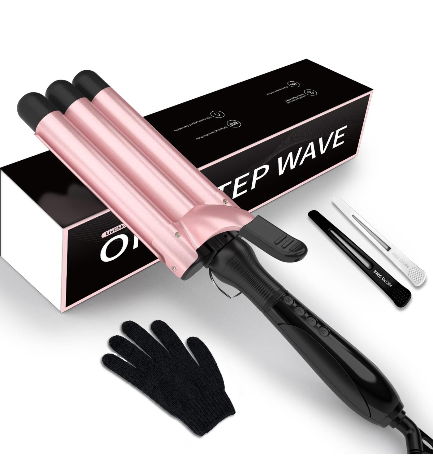 3 Barrel Curling Iron - 7.5" Extended Wand Tourmaline Triple Barrels LCD Temp Display - Pink Beach Waves Hair Crimper - Buy Online on GoSupps.com