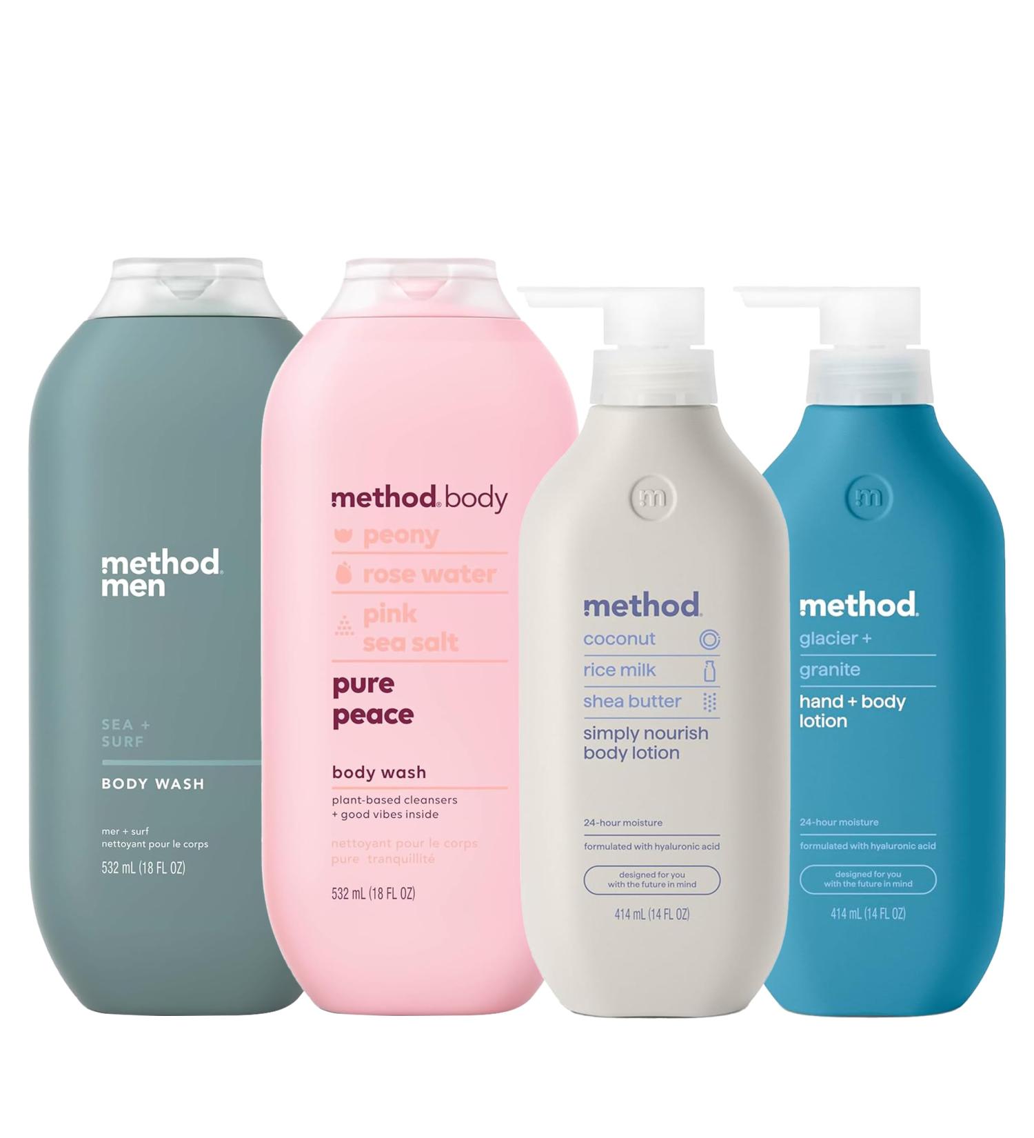 Bundle of Method Sea + Surf Body Wash 18 oz (Pack of 1) + Pure Peace Body Wash 18 oz (Pack of 1) + Simply Nourish Body Lotion 14 oz (Pack of 1) + Glacier + Granite Body Lotion 14 oz (Pack of 1) - Buy Online on GoSupps.com