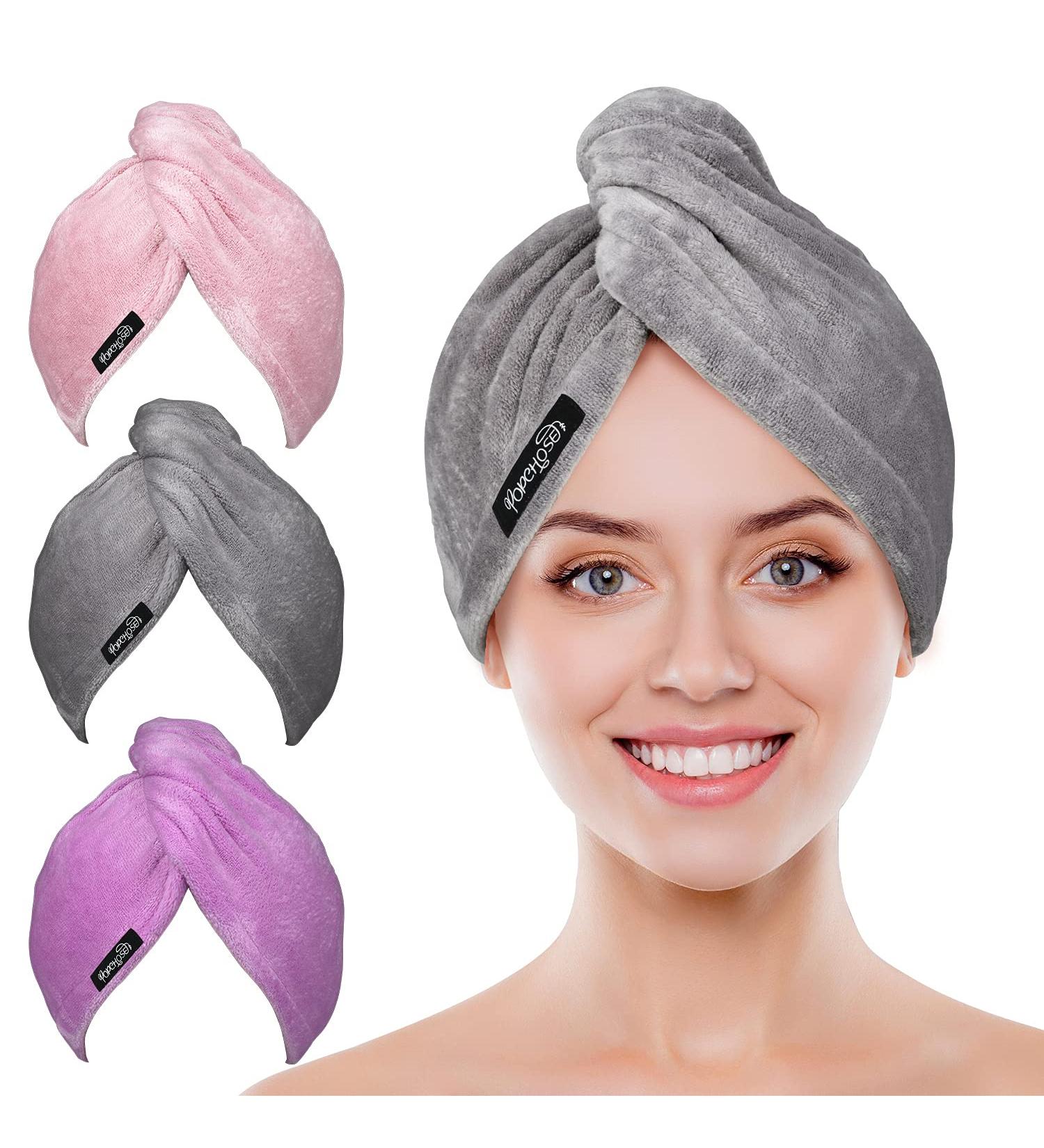 POPCHOSE Microfiber Hair Towel Wrap - Ultra Absorbent, Fast Drying Turban for Curly & Long Hair - 3 Pack (Grey, Pink, Purple) - No Frizz Solution - Buy Online on GoSupps.com