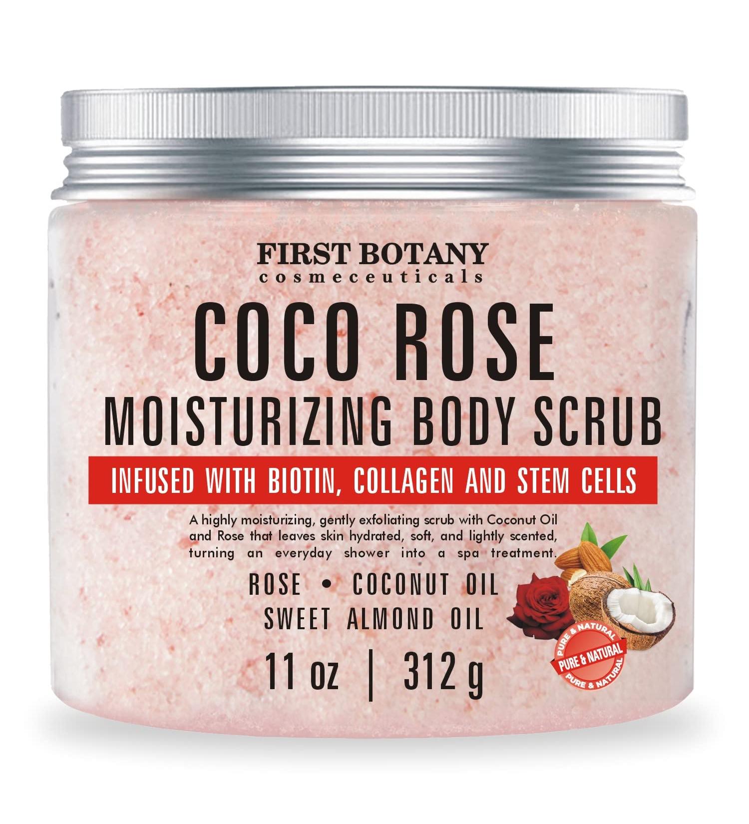 Coconut Rose Body Scrub Exfoliator with Biotin, Collagen & Stem Cells | Natural Exfoliating Salt Scrub for Moisturizing Skin, Acne, Cellulite, Wrinkles | 11 oz - Buy Online on GoSupps.com