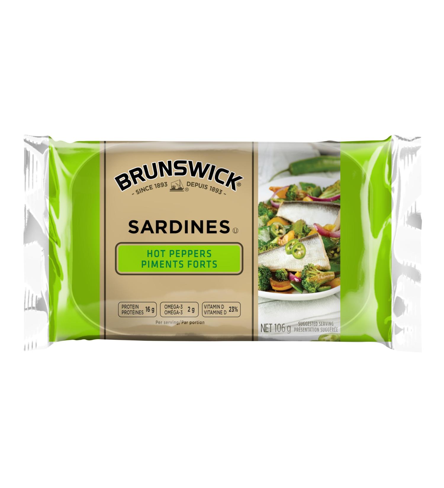 Brunswick Sardines with Hot Peppers - 106g 18 Count - Canned Sardines Excellent Source of Protein - 16g of Protein Per 84g Serving Drained - Contains Omega-3 - High in Vitamin D - Source of Iron