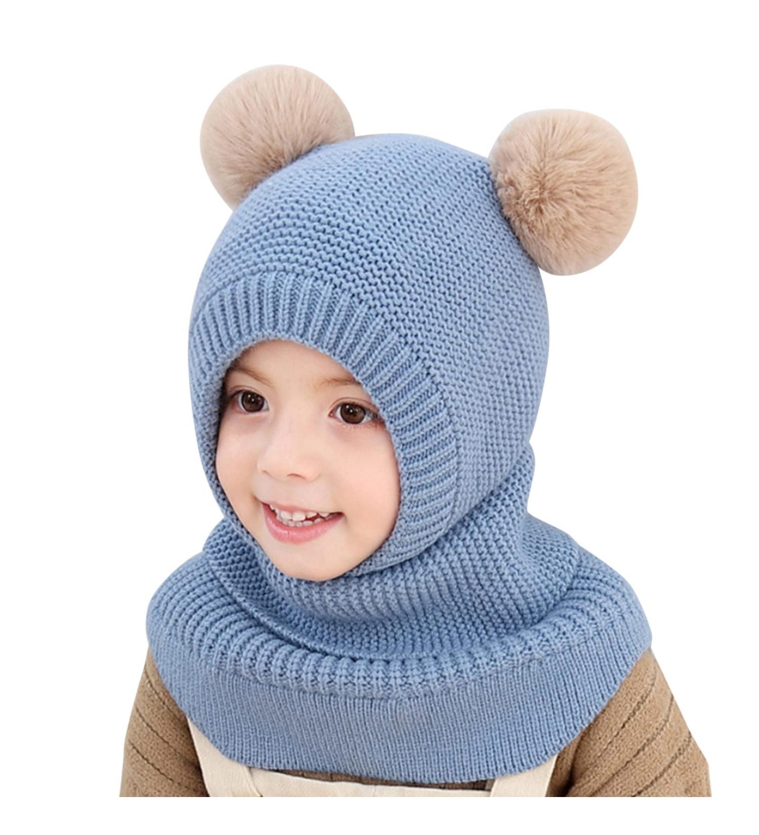 Baby Balaclava Knitted Hood with Double Pom Pom Design - Cute Small Bear Winter Hat for Boys and Girls - One Size - Buy Online on GoSupps.com