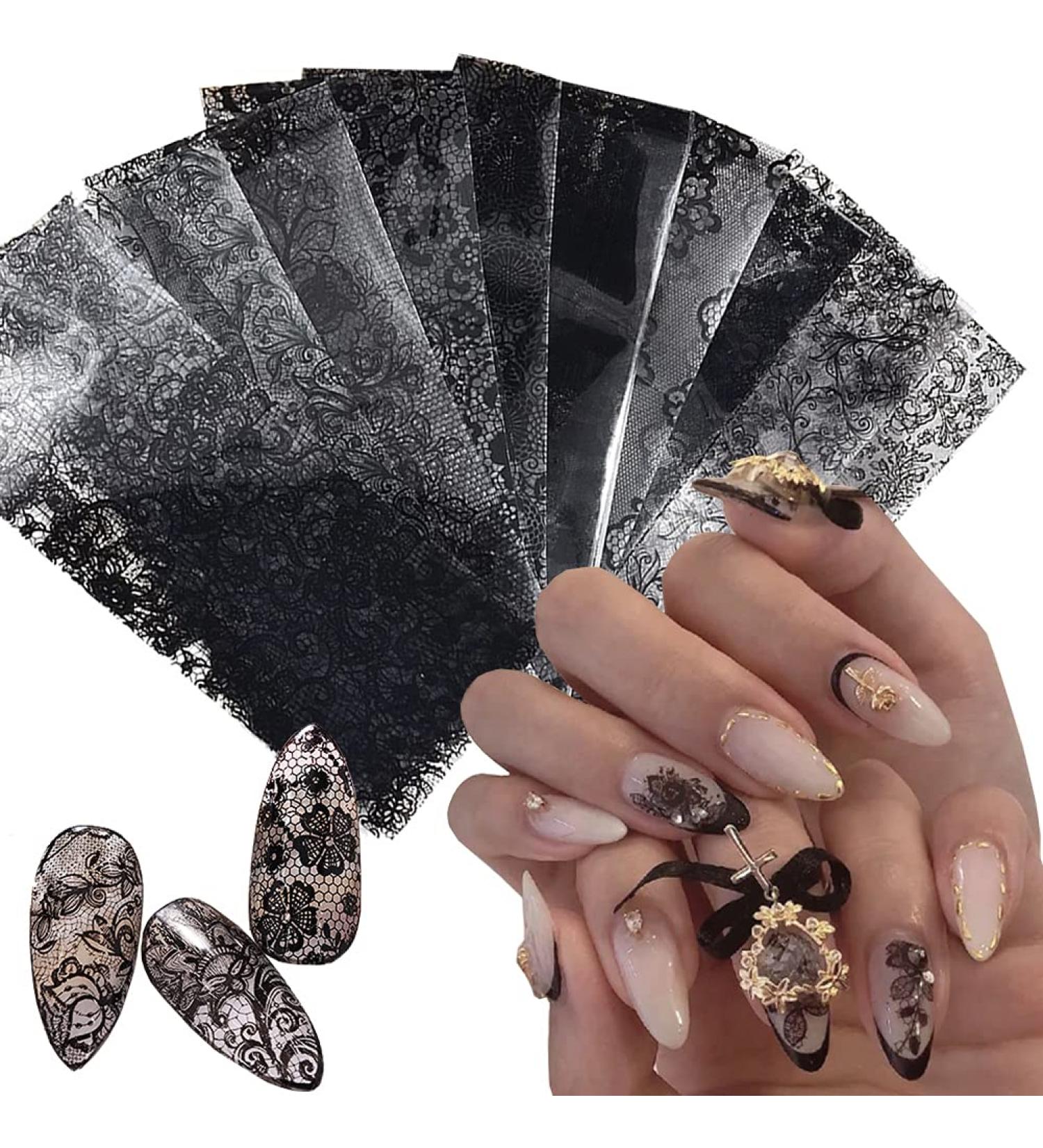 Retro Holographic Nail Art Foil Transfer Stickers - Black Lace Flower Designs | Nail Art Supplies for Women | Floral Manicure Decorations (10 Sheets) - Buy Online on GoSupps.com
