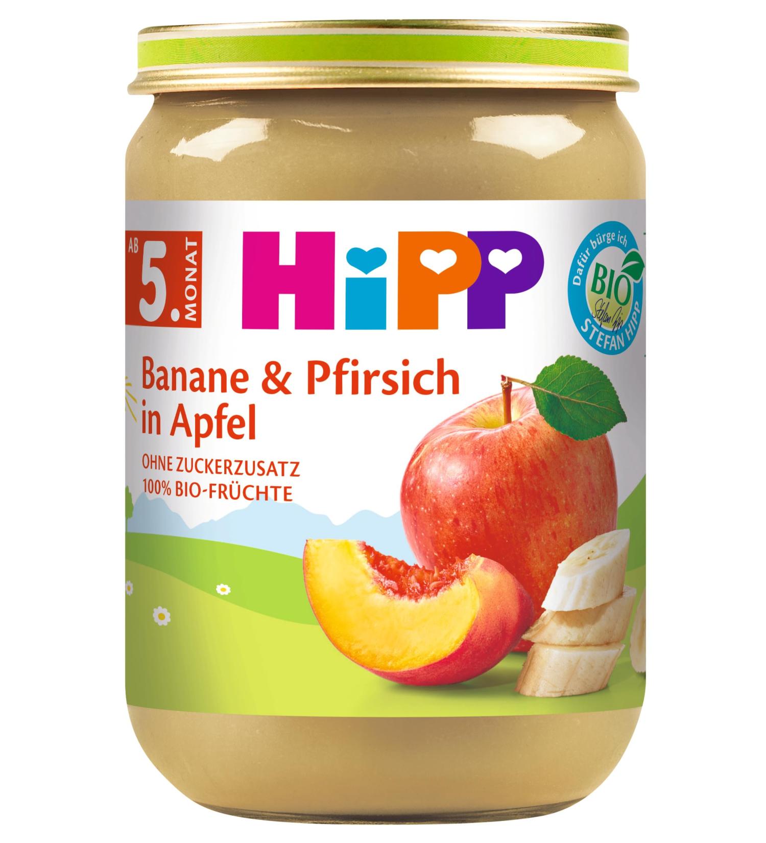 HiPP Fruits Banana and Peach in Apple Pack of 6 (6 x 190 g) H 4360 Banana/Peach/Apple 190g 190 g (Pack of 6) Banana/Peach/Apple