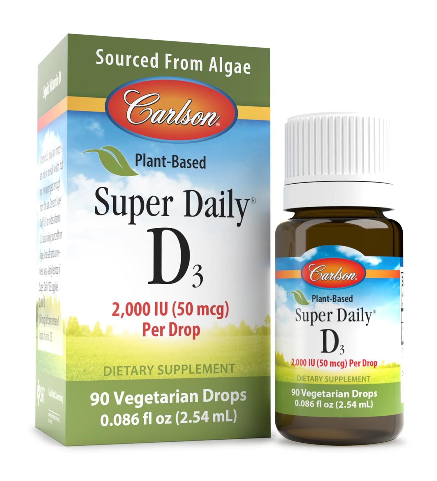 Carlson - Plant-Based Super Daily D3 2000 IU (50 mcg) per Drop, Vegetarian Vitamin D Drops, Liquid Vitamin D3, Sourced from Algae, Unflavored, 90 Drops (2.54 mL) - Buy Online on GoSupps.com