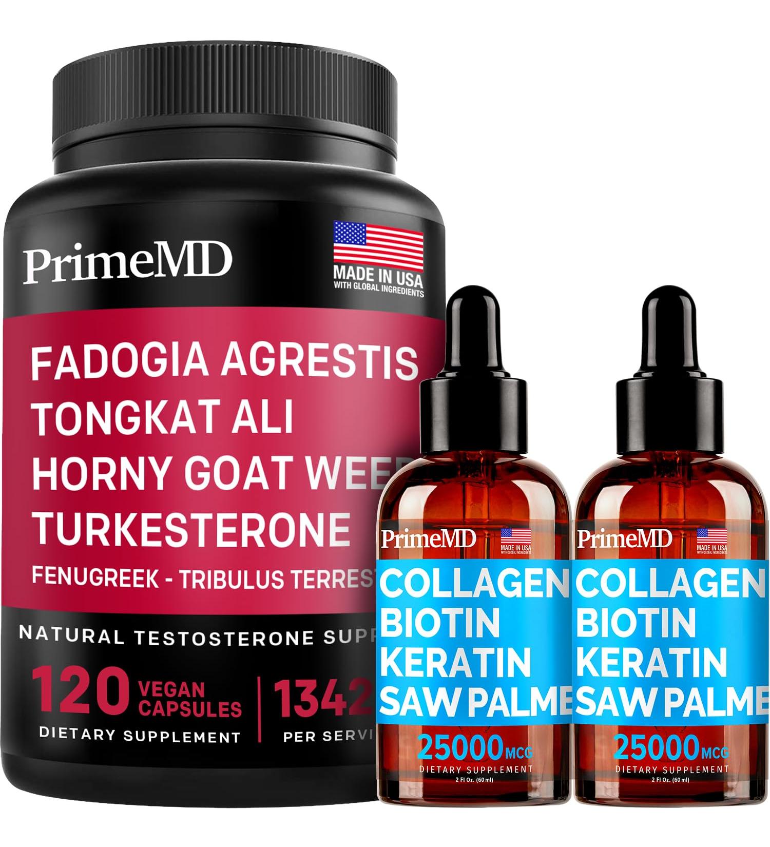 Liquid Collagen Biotin (2pk) and Fadogia Tongkat Ali (1pk) Supplement Bundle - Potent Vitamins for Hair Skin Nails Heart Energy & Testosterone Support - Non-GMO Vegan - Buy Online on GoSupps.com