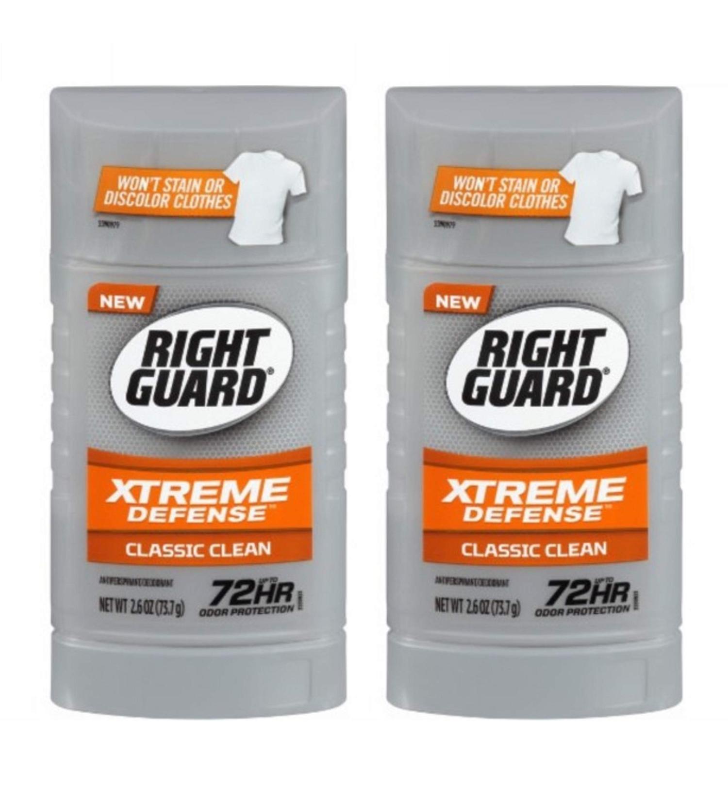 Right Guard Antiperspirant/Deodorant - Xtreme Defense - Invisible Solid - Classic Clean - Net Wt. 2.6 OZ (73.7 g) Per Stick - Pack of 2 Sticks