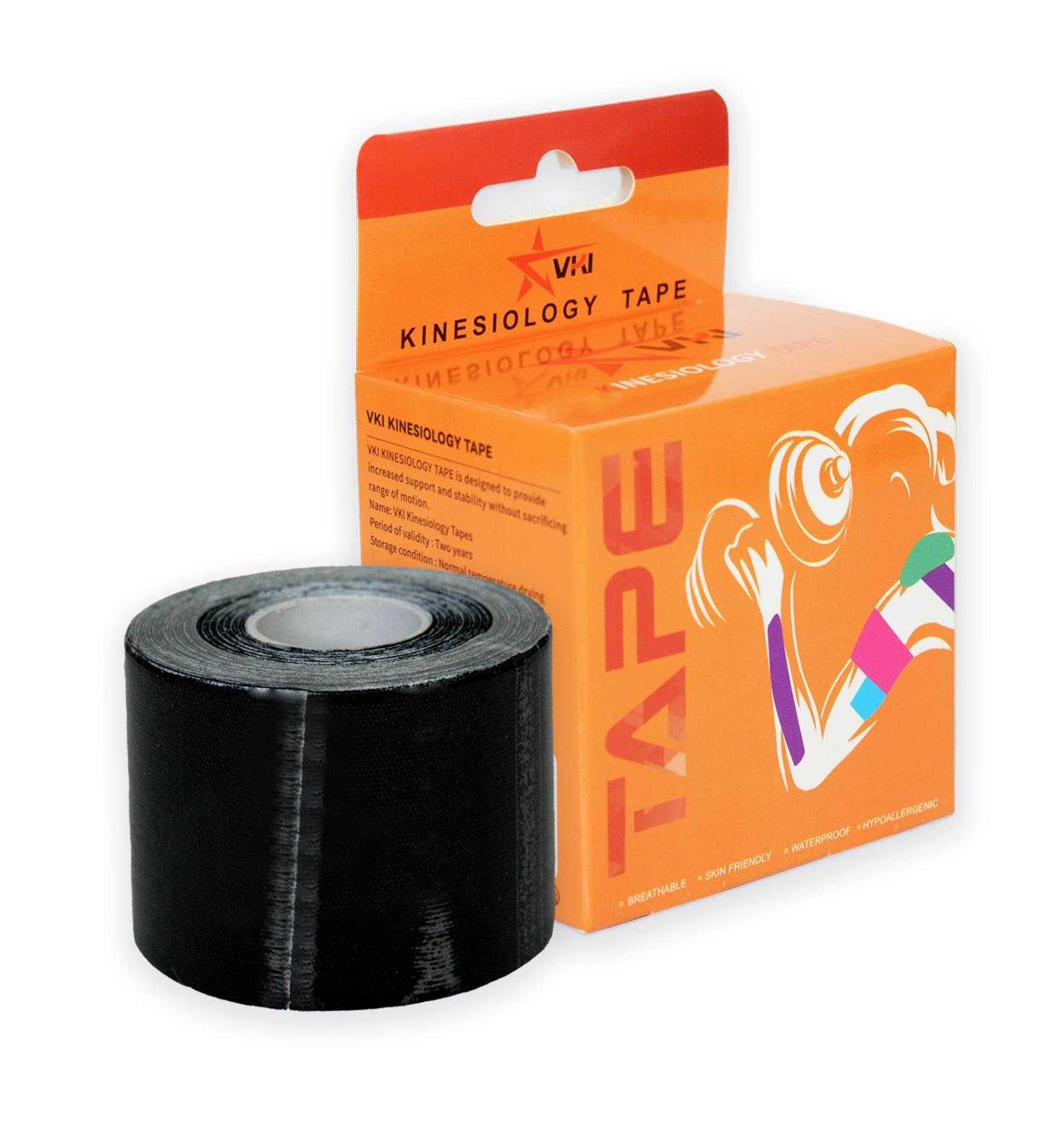 VKI Kinesiology Tape Roll - Water Resistant Elastic Cotton Athletic Tape (2 in x 16.4 FT) | Hypoallergenic Muscle Pain Relief & Joint Support | Black Sports Tape for Recovery - Buy Online on GoSupps.com