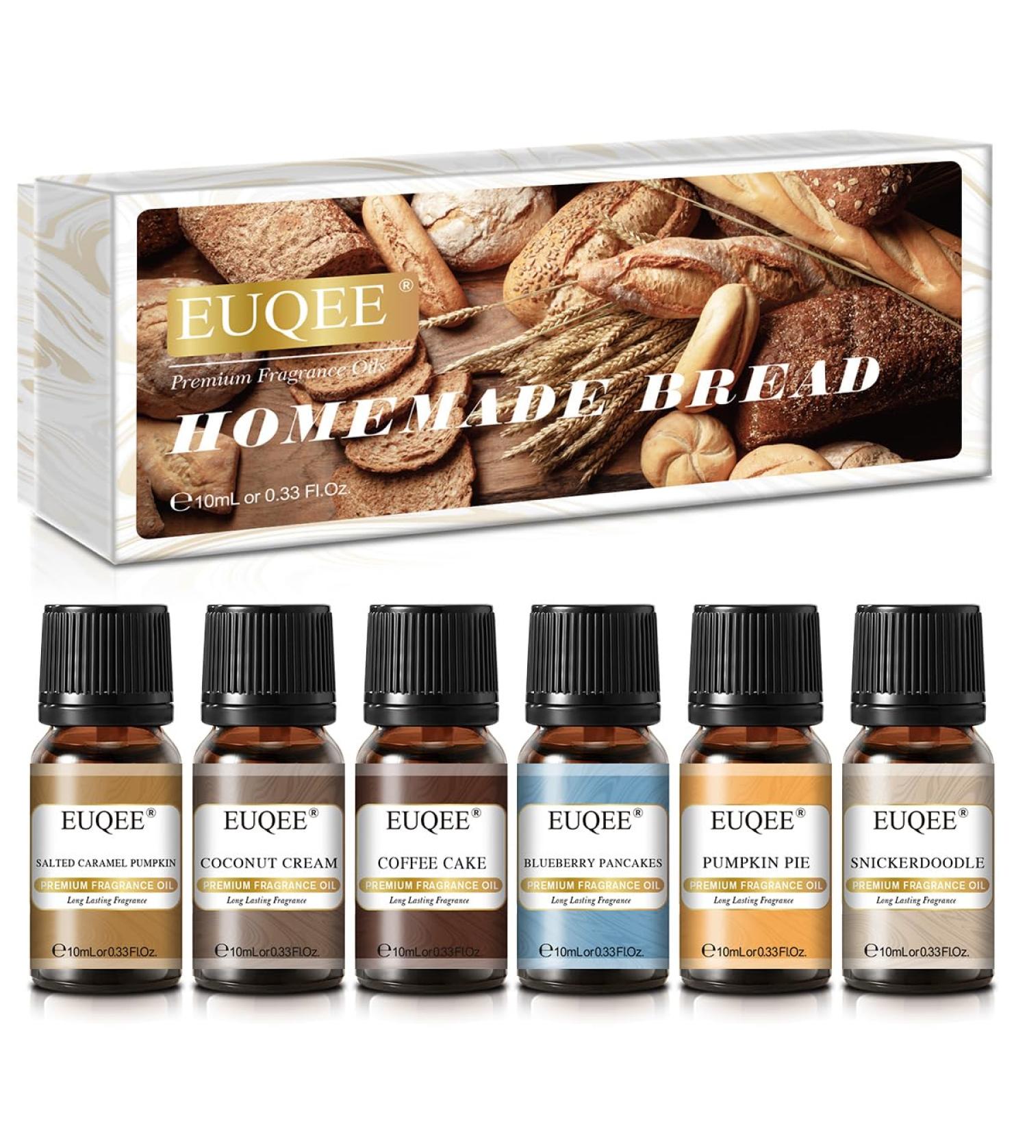 EUQEE Homemade Bread Fragrance Oils Gift Set - Pumpkin Pie, Coconut Cream, Snickerdoodle, Coffee Cake, Blueberry Pancakes, Salted Caramel - 10ml x 6 Pack - Buy Online on GoSupps.com