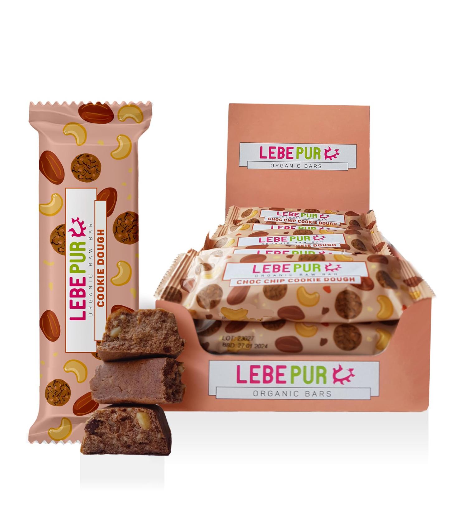 Leepur Organic Energy Bar Choc Chip Cookie Dough - Vegan Gluten-Free & Lactose-Free | 15 Pack | Cashew Chocolate Drops & Coconut Blossom Sugar - Buy Online on GoSupps.com
