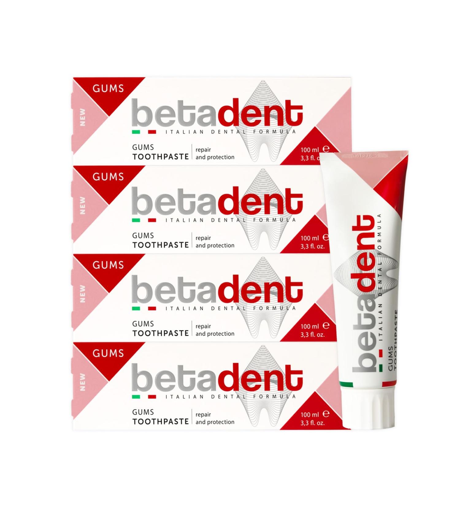  BETADENT Betadent GUMS TOOTHPASTE KIT for sensitive inflamed and irritated gums - Repairs and protects - Anti-plaque and antibacterial action - Delicate non-abrasive formula - 4 x 100 ml - Buy Online on GoSupps.com