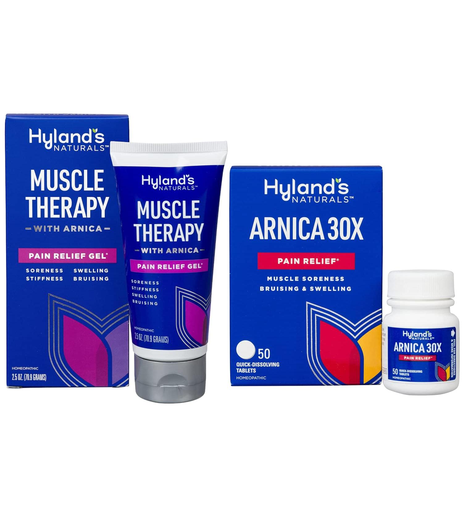 Bundle of Hyland's Muscle Therapy Gel Relief of Pain Swelling Bruising Soreness and Stiffness 2.5 Oz and Arnica Montana 30x Tablets Relief of Bruises Swelling and Muscle Soreness 50 Count - Buy Online on GoSupps.com
