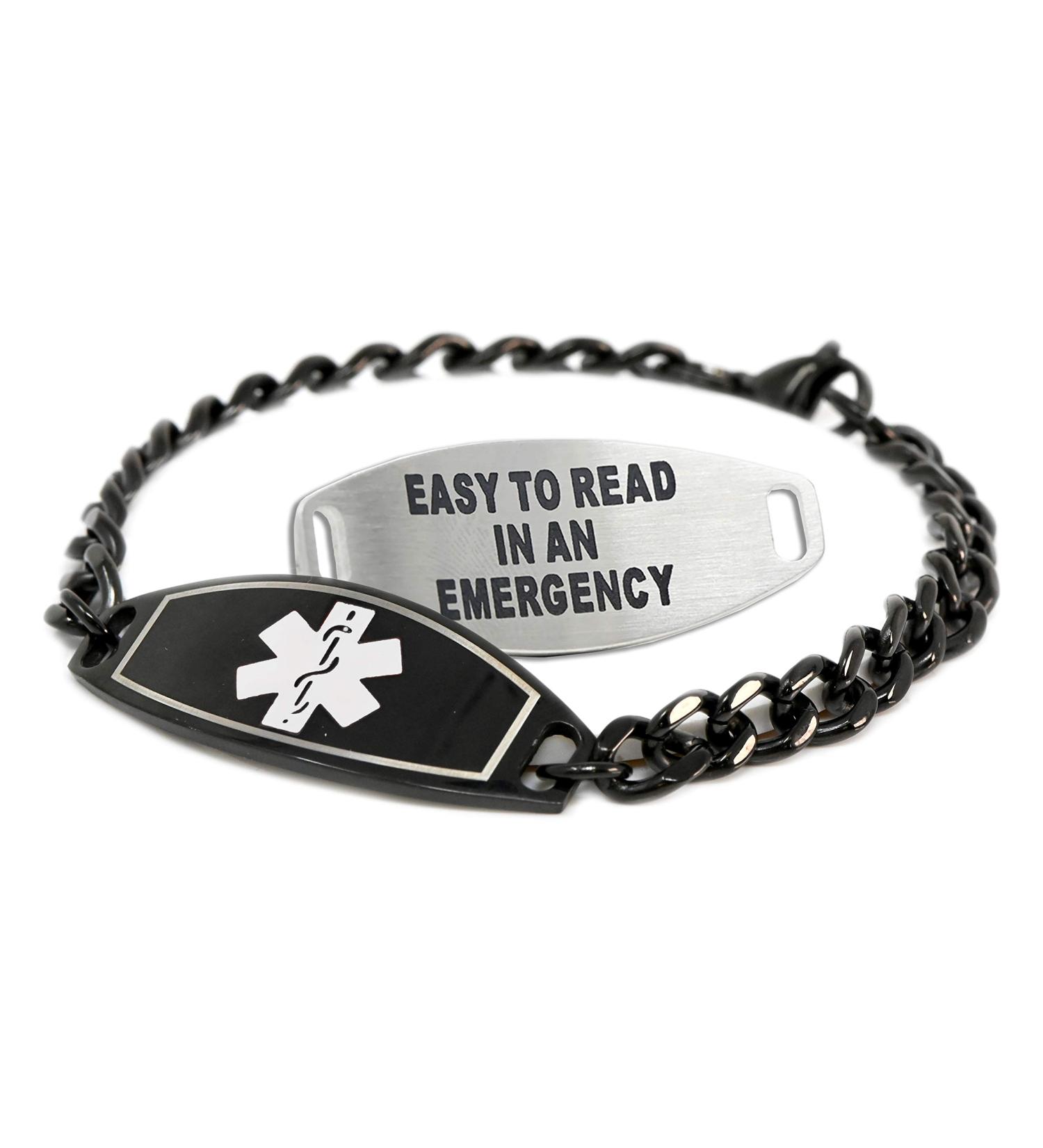 Customizable Medical Alert Bracelet for Men - Stainless Steel Black Free Engraving & ID Card | USA Made - Buy Online on GoSupps.com