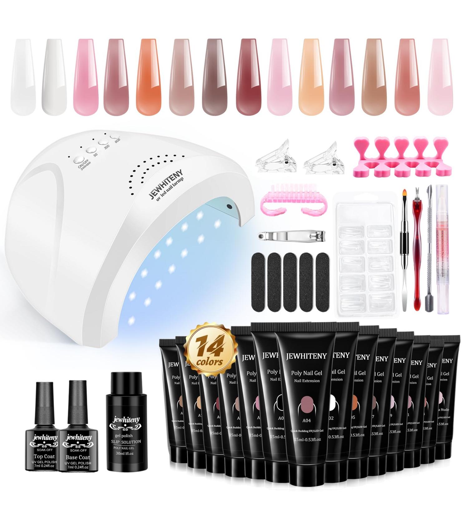 JEWHITENY 14 Colors Poly Extension Gel Nail Kit with SUN1 Lamp - All In One Poly Gel Starter Kit for Manicure Salon - Buy Online on GoSupps.com