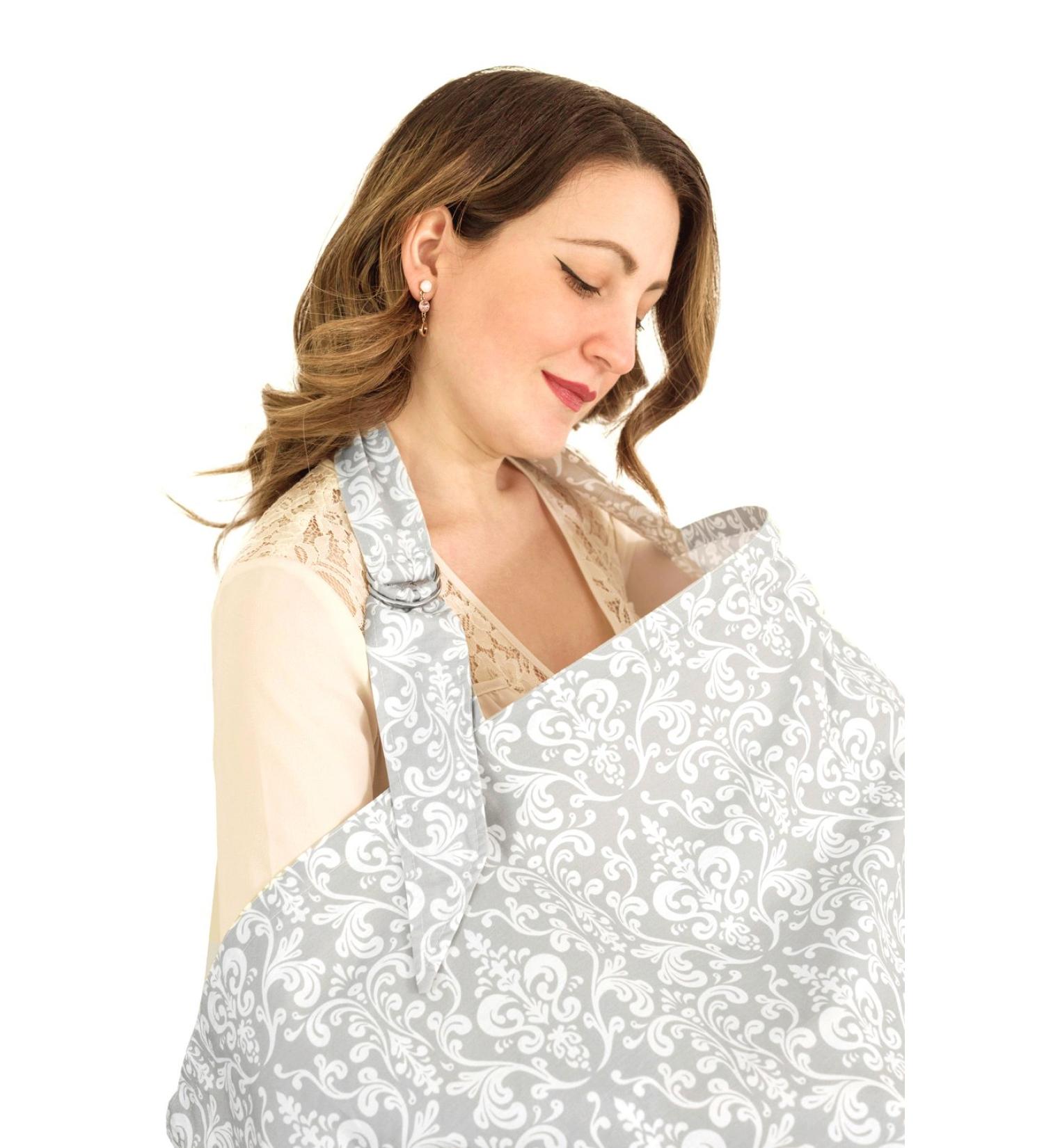 Grey Damask Adjustable Strap Breastfeeding Cover - Breathable Cotton - Boned Nursing Cover with Storage Bag & Towel Corners - Buy Online on GoSupps.com