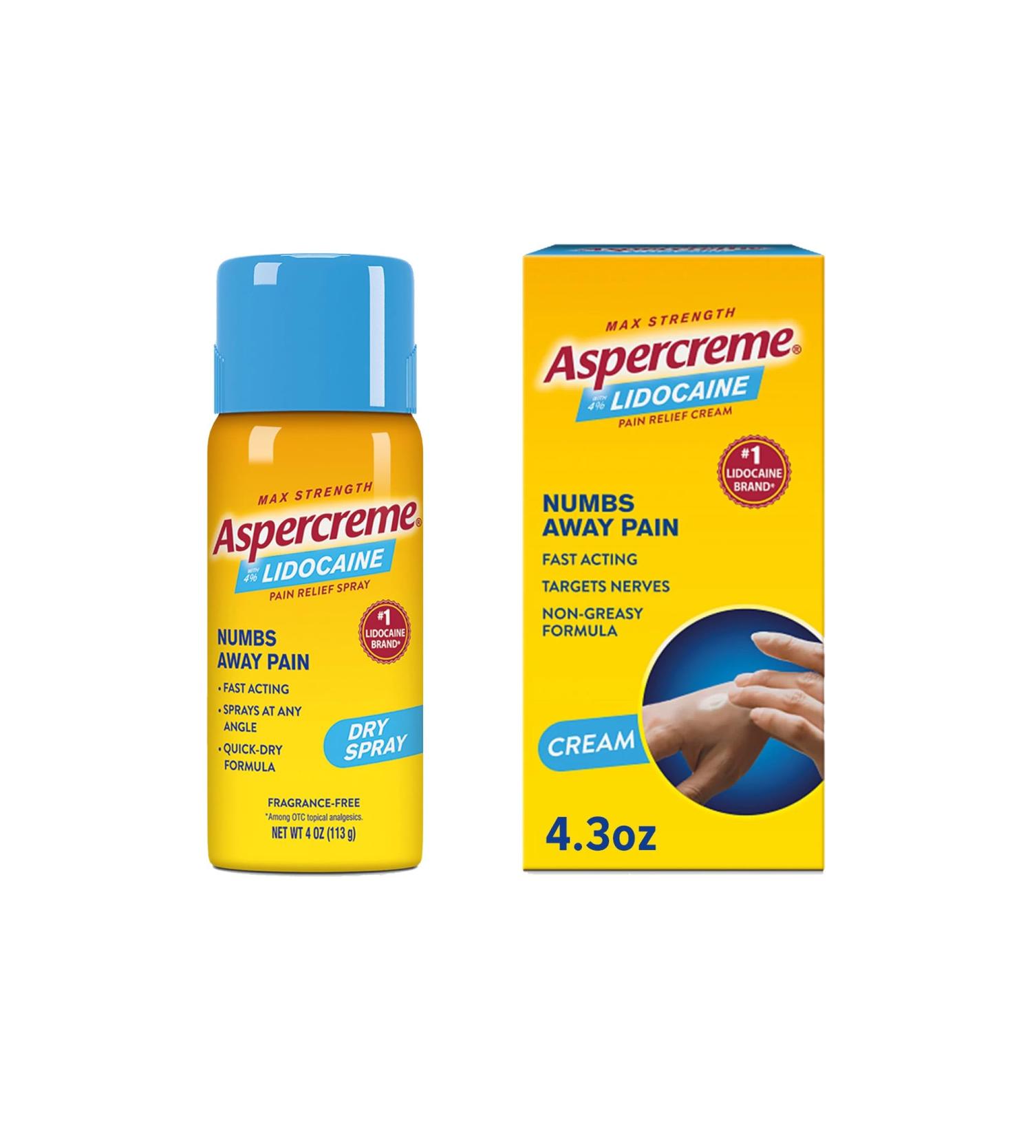Aspercreme Max Strength Lidocaine Pain Relief Dry Spray 4 oz. Odor Free with Lidocaine Maximum Strength Pain Relief Cream 4.3 Oz - Buy Online on GoSupps.com