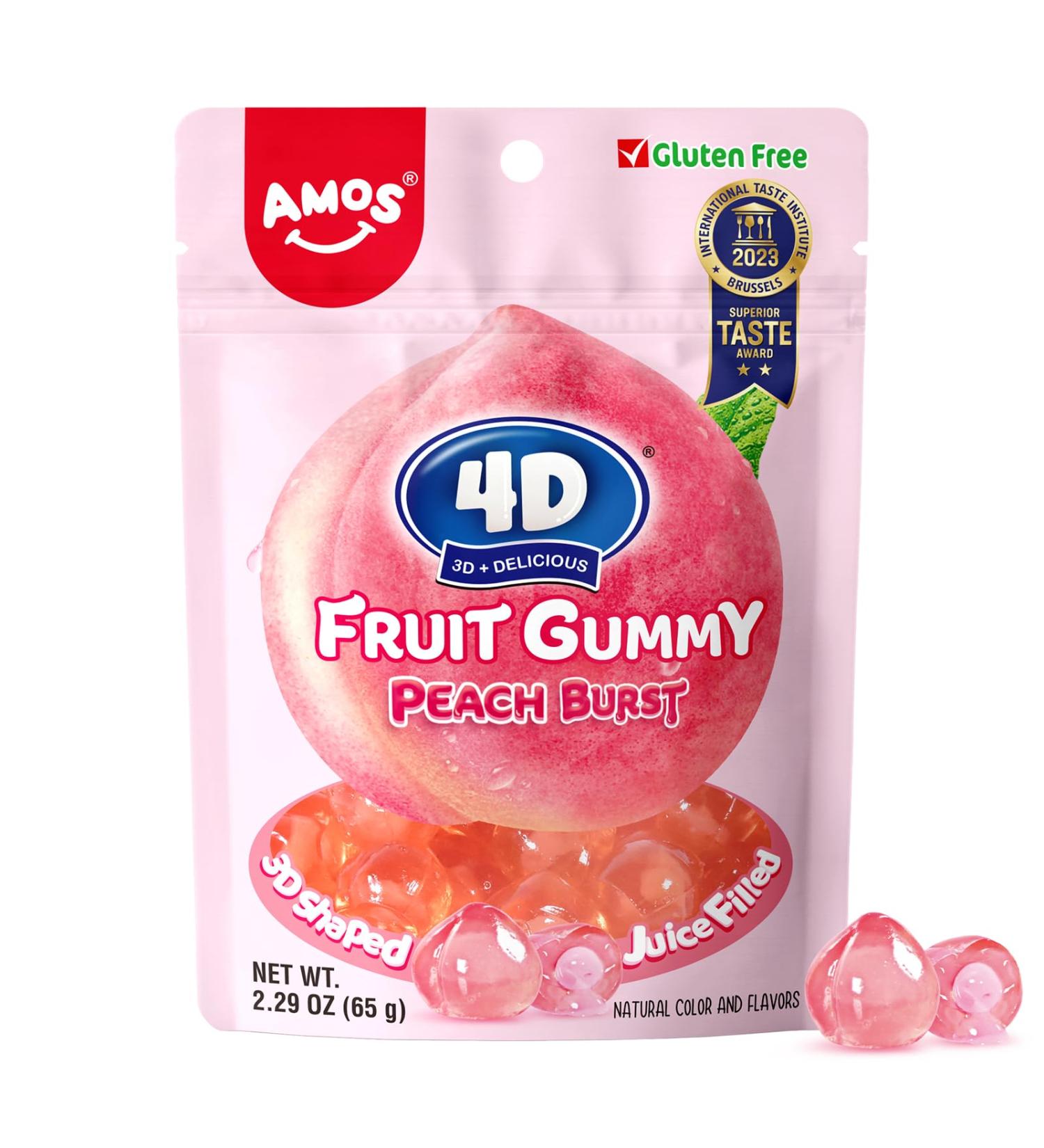 Amos 4D Gummy Peach Burst Peach Gummy Candies with Filled Hearts Natural Flavor Fruity Treats 65g Bag - Buy Online on GoSupps.com