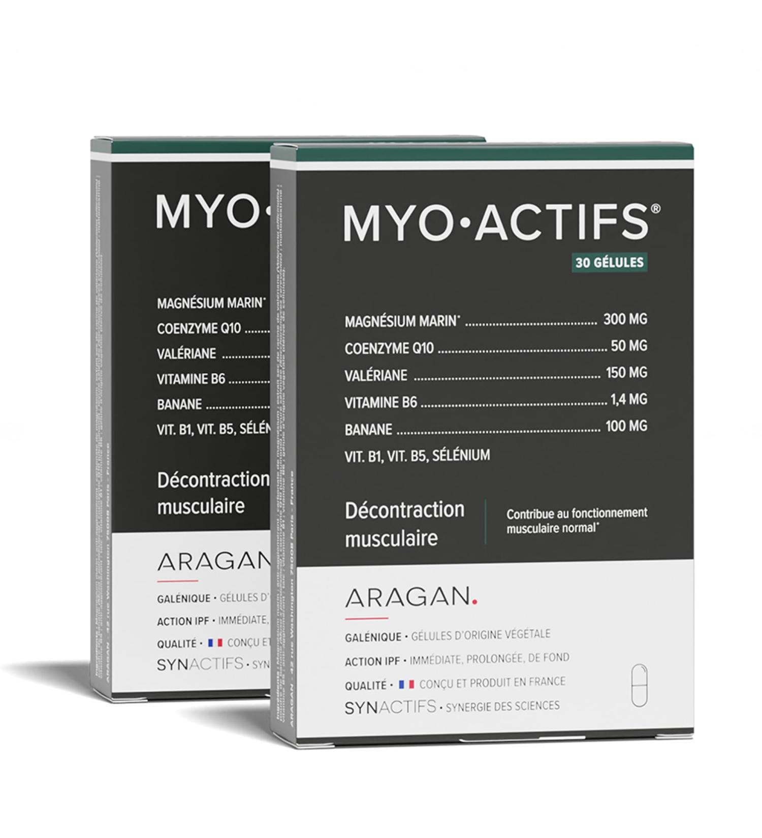 ARAGAN - Synactives Pack of 2 Myoactives - Dietary Supplement for Muscle Relaxation - Marine Magnesium Coenzyme Q10 Valerian Vitamins - 60 capsules - 1 month taken - Made in France - Buy Online on GoSupps.com