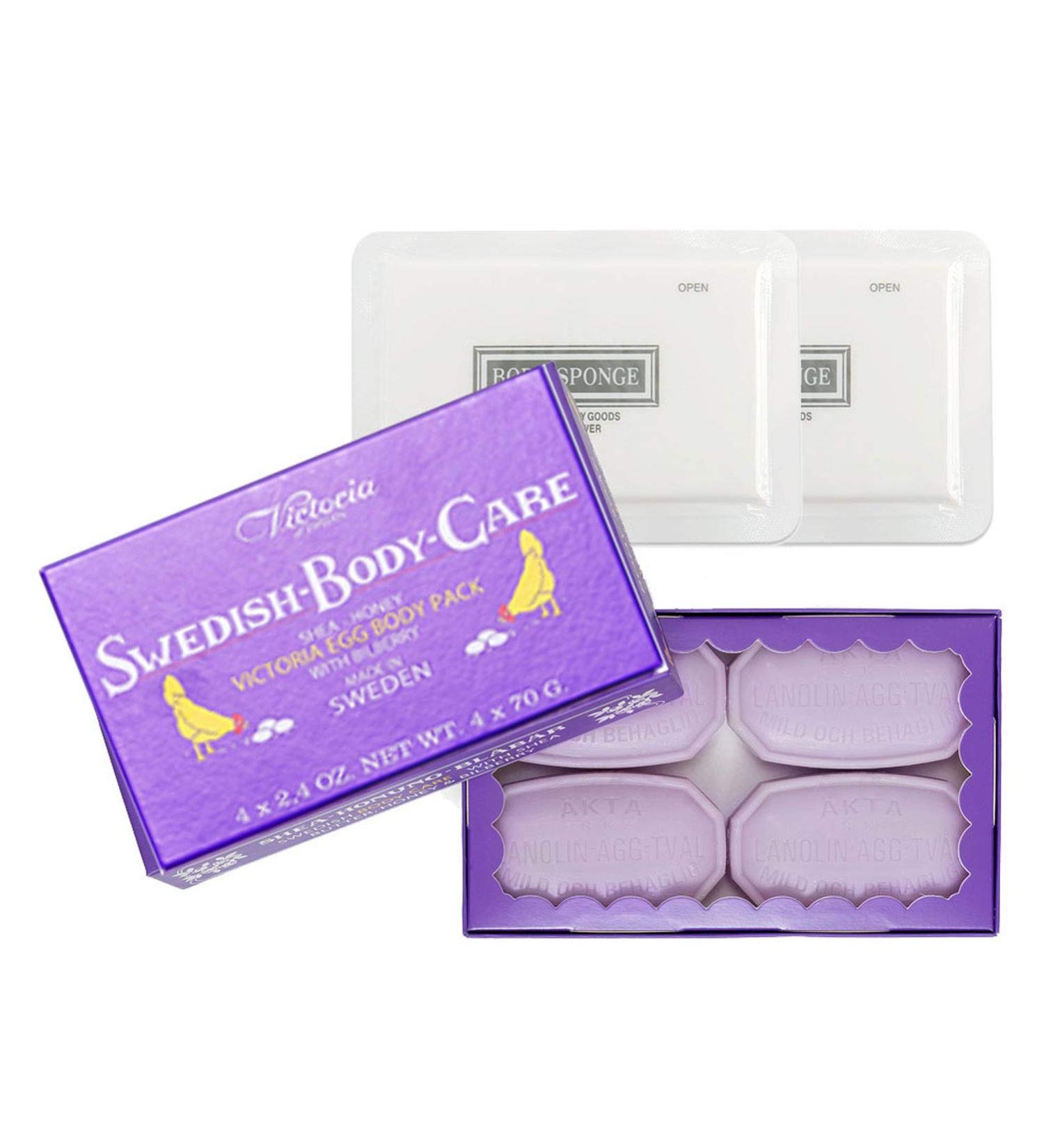 Swedish Body Care Shea Butter Soap & Honey Bilberry - 4 CT + 2 CT Disposable Body Shower Sponge - Nourishing Skincare for All Skin Types - Buy Online on GoSupps.com