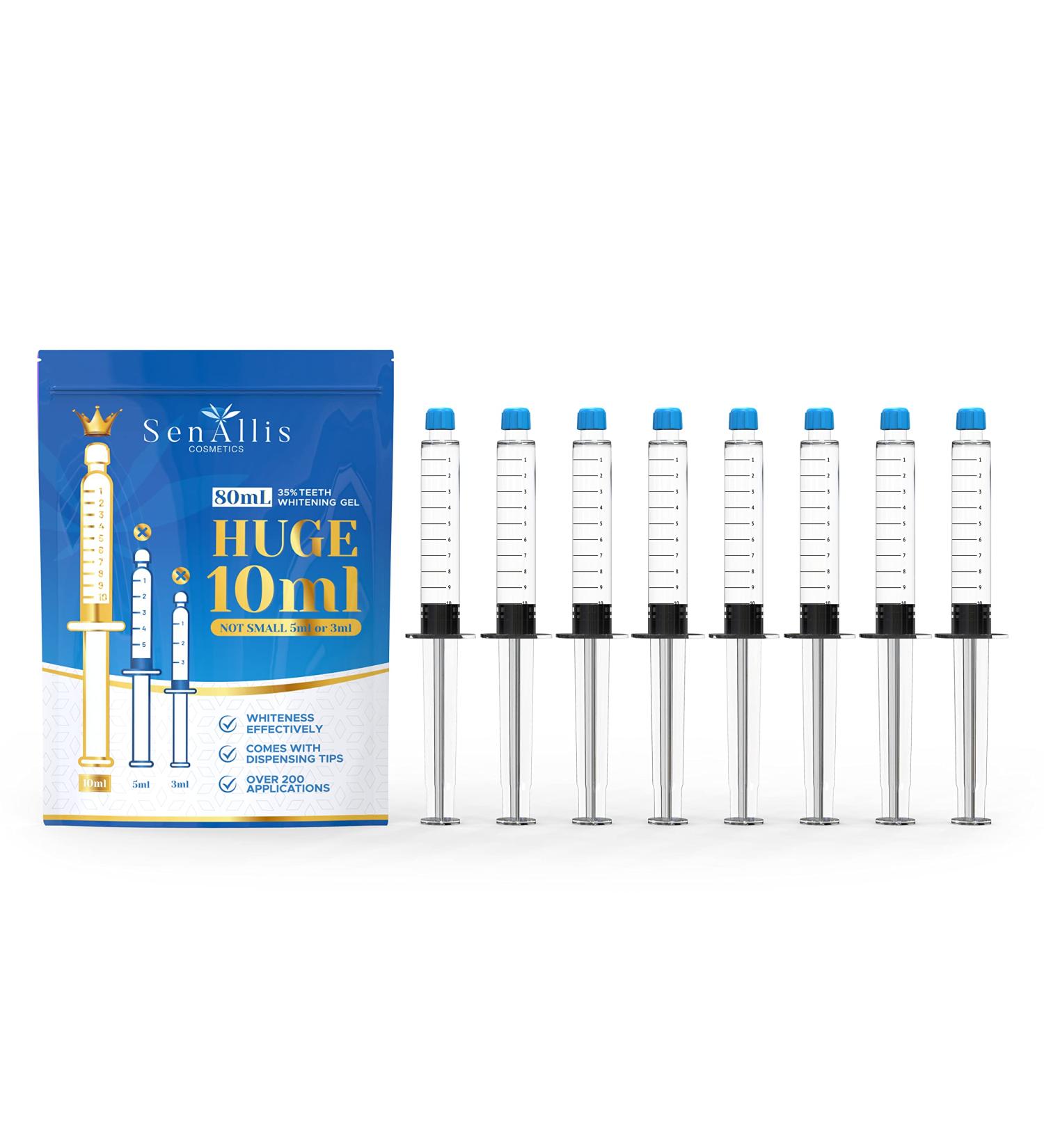 Eight (8) Huge 10mL Syringes SenAllis Cosmetics Teeth Whitening Gel, 80mL 35% Gel Syringes, Fast & More Effective Than Teeth Whitening Strips, Refills Gel Compatible with Most Teeth Whitening Kits