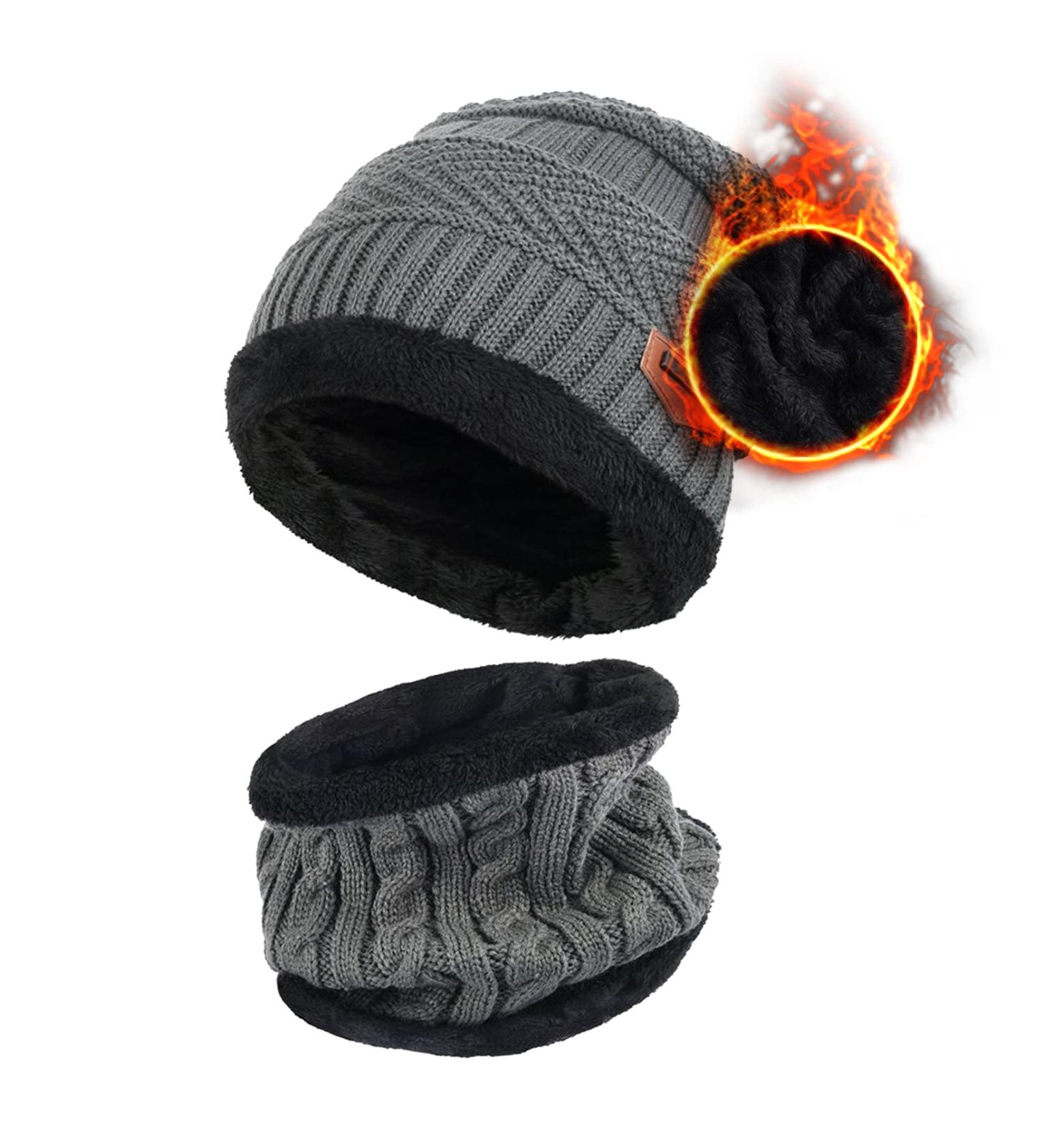 Aisprts Kids Winter Beanie Hat and Scarf Set - Knitted Thermal Fleece Lining - Grey - Buy Online on GoSupps.com