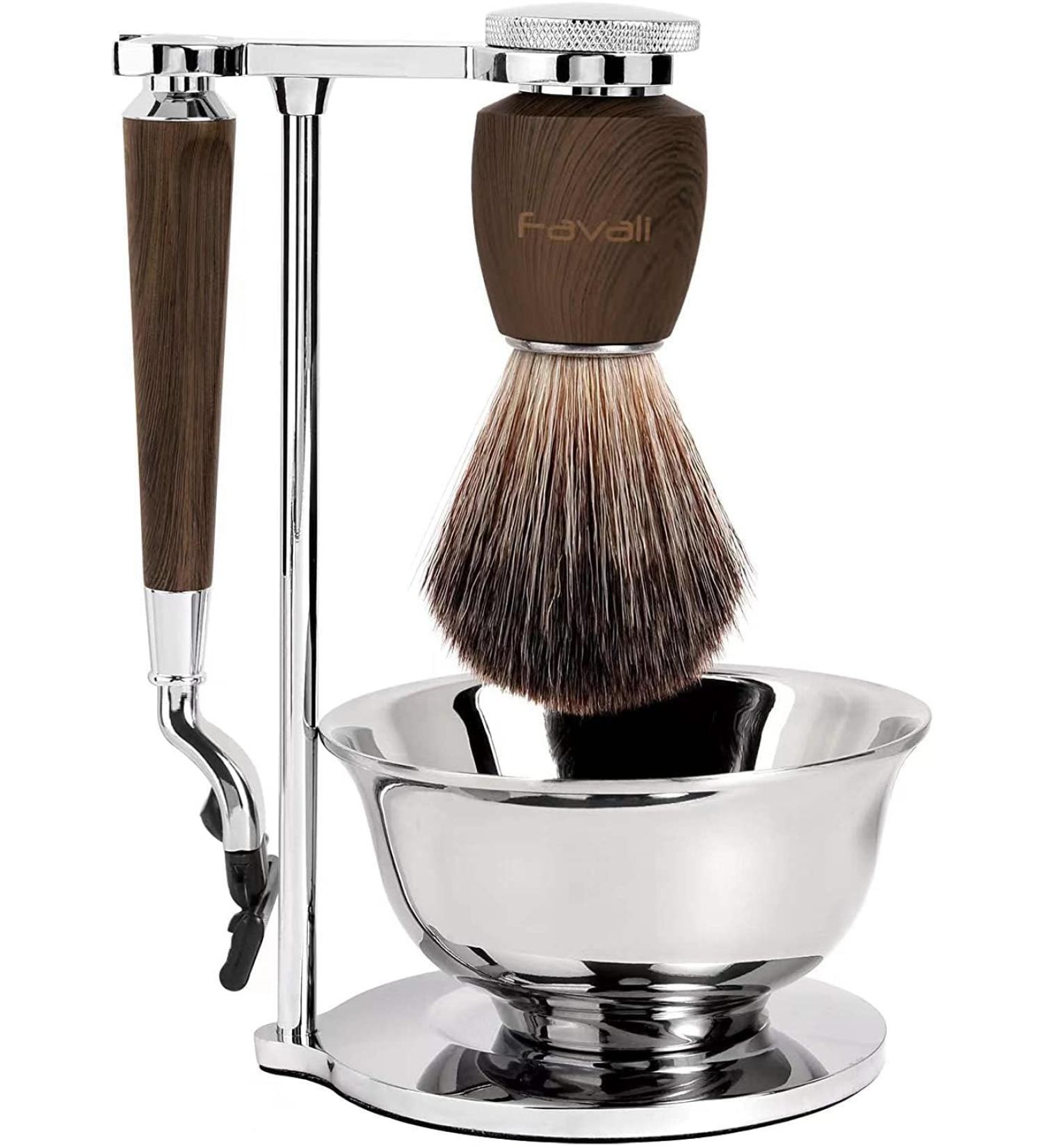 Favali Razor Set - 4 in 1 Stainless Steel Shaving Brush Holder & Wet Razor for Men | Ash Handle Compatible with Mach 3 - Buy Online on GoSupps.com