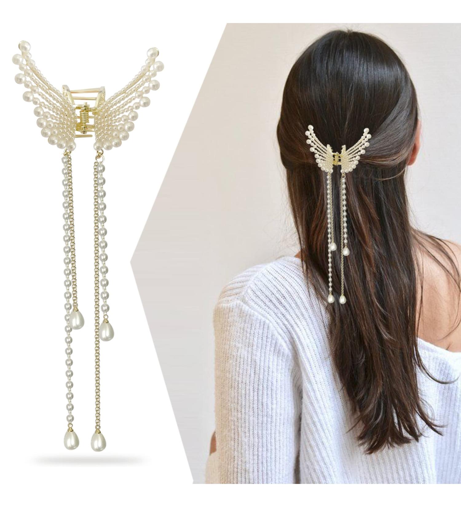 Sanas Stone Butterfly Wedding Hair Clip for Women - 1 Pc Metal Hair Clutcher with Pearl Detailing - Buy Online on GoSupps.com