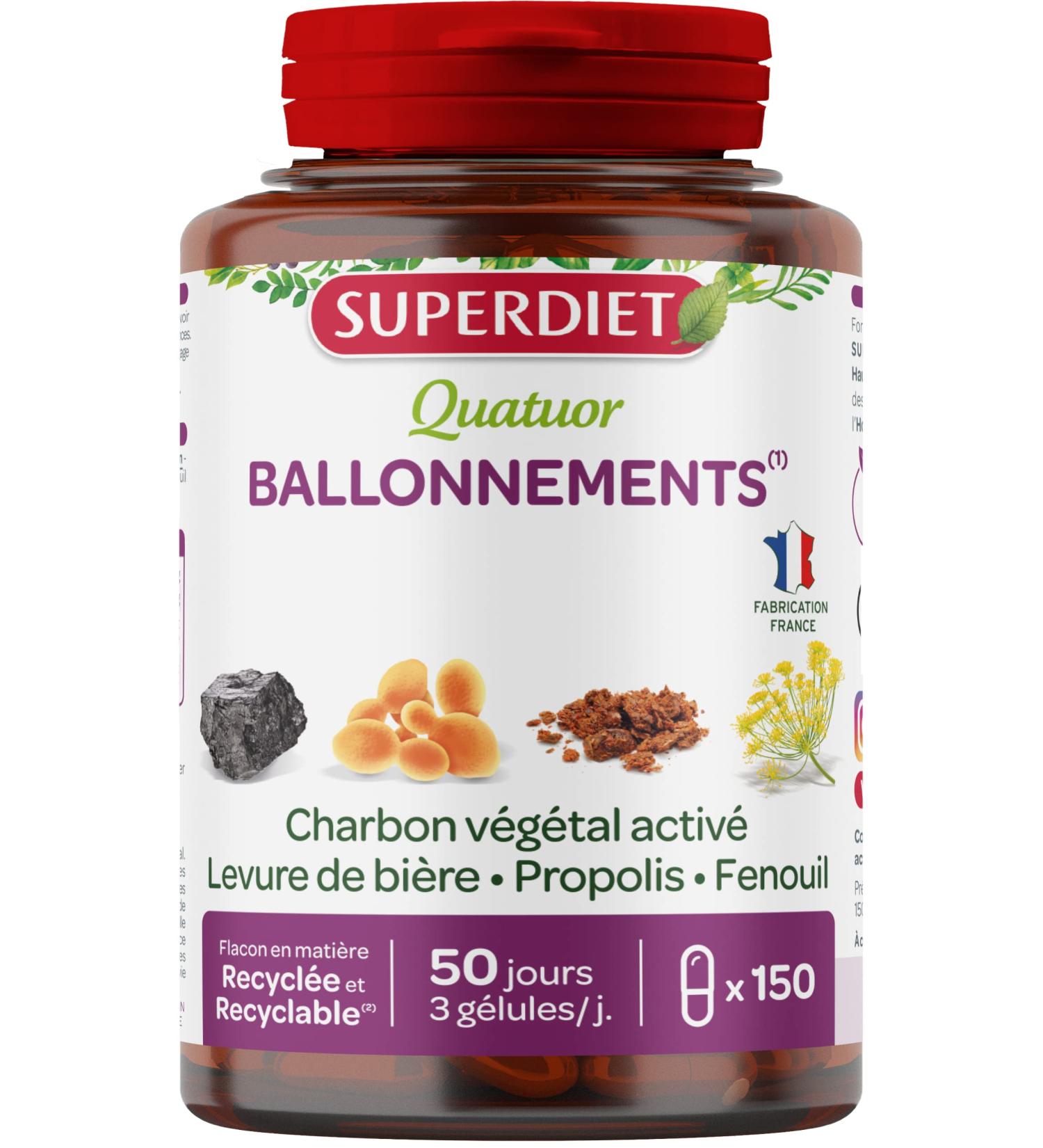 SUPERDIET - BLOTTING QUATUOR - Activated vegetable charcoal Brewer's yeast Propolis Fennel Made in France 150 capsules - Buy Online on GoSupps.com