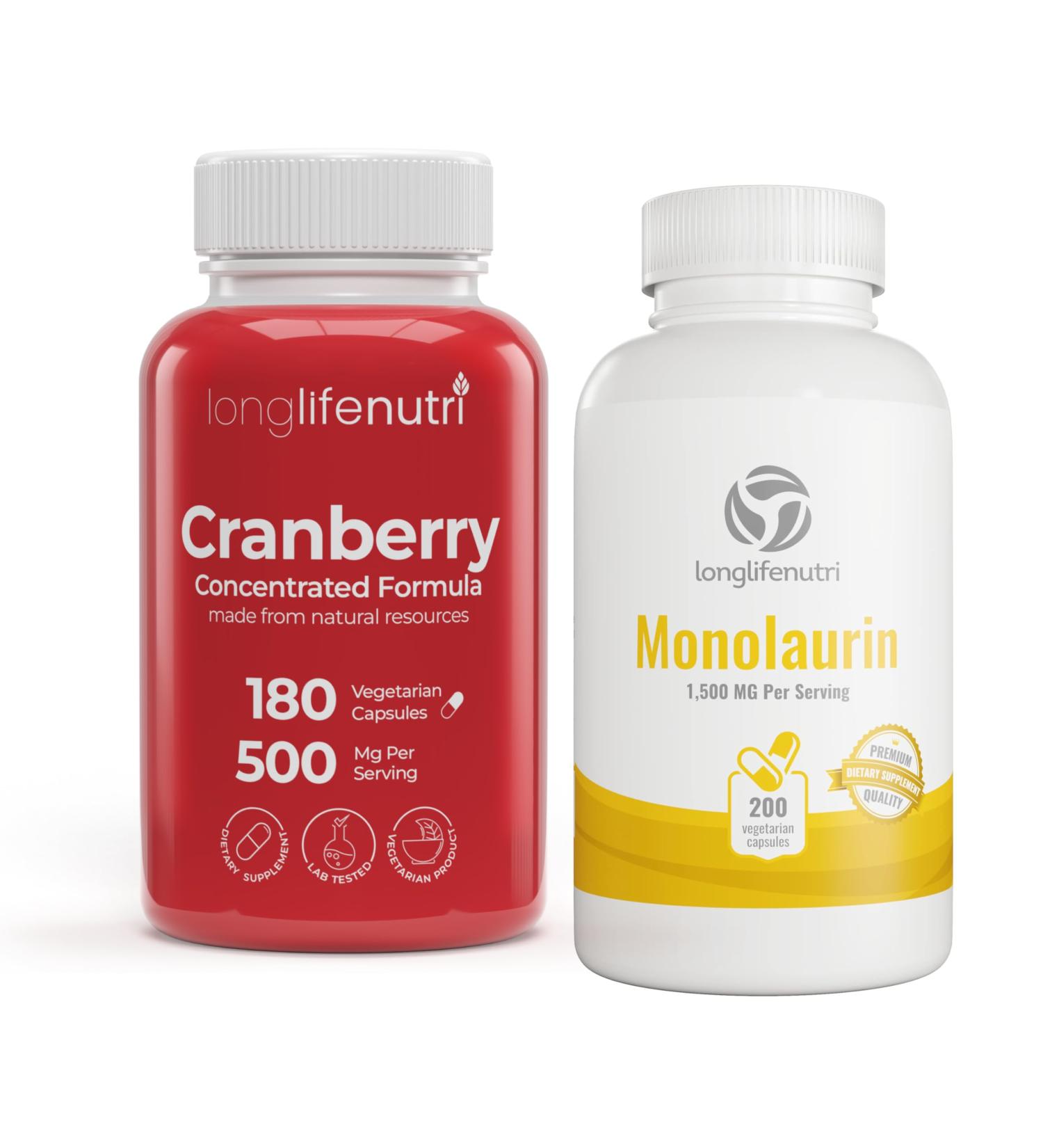LongLifeNutri Cranberry Extract 500 mg & Monolaurin 1500 mg Bundle - 180 & 200 Veg Capsules 6 Month Supply Urinary Immune & Digestive Support Non-GMO Gluten Free Made in USA - Buy Online on GoSupps.com