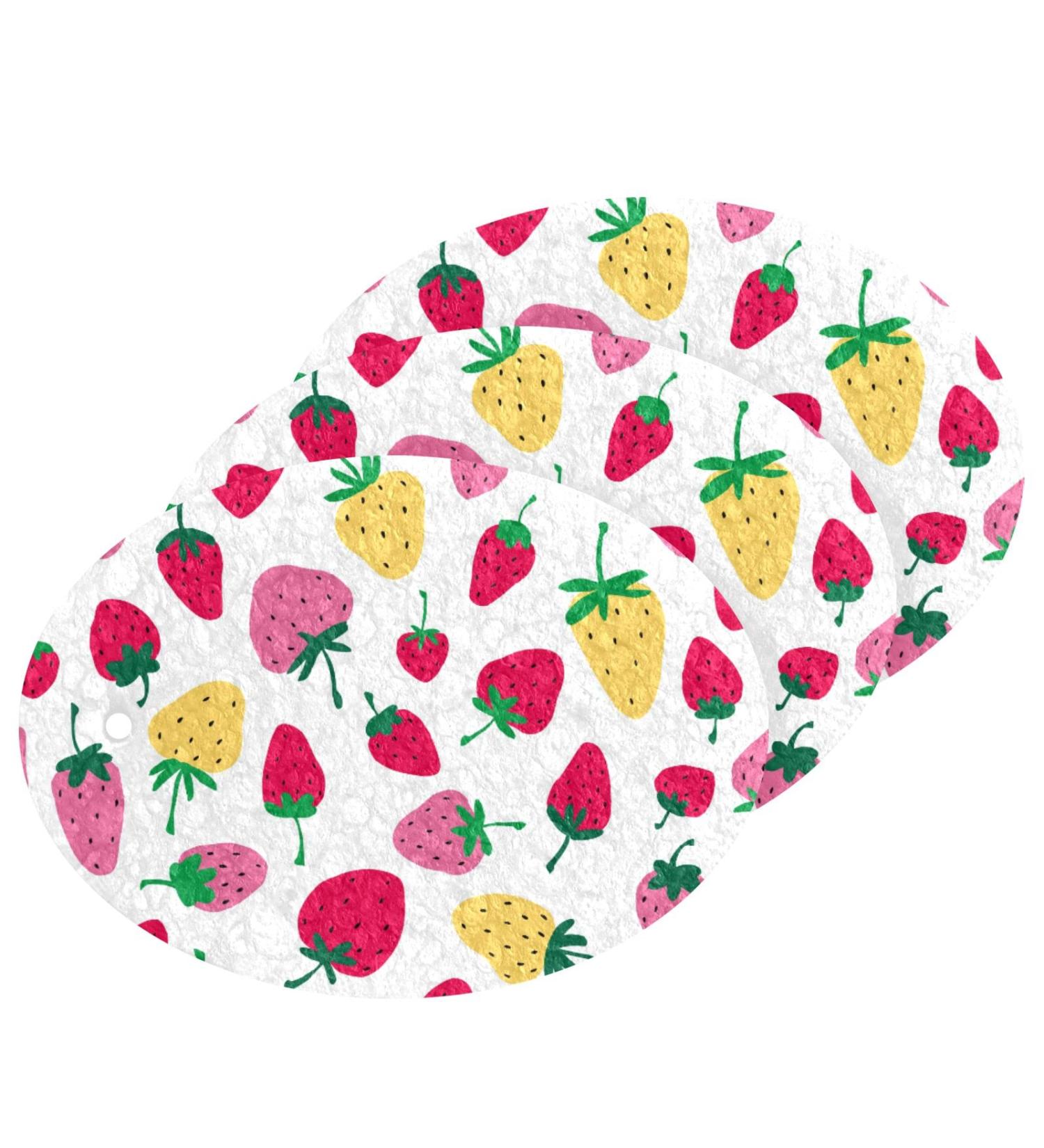 3-Pack Cleaning Kitchen Sponges Oval Colorful Strawberries Kitchen Cellulose Dishwashing Wood Pulp Cotton - Buy Online on GoSupps.com