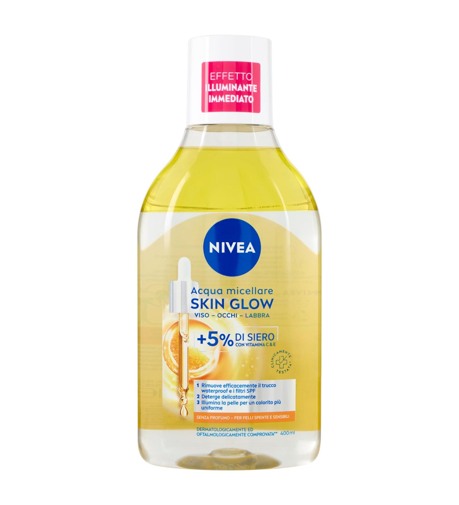 NIVEA Eau micellaire Skin Glow 400 ml - D maquillant pour le visage et les yeux avec s rum 5% + complexe aminoacide - Nettoyant pour le visage les yeux et les l vres sans rin age - Pour peaux ternes