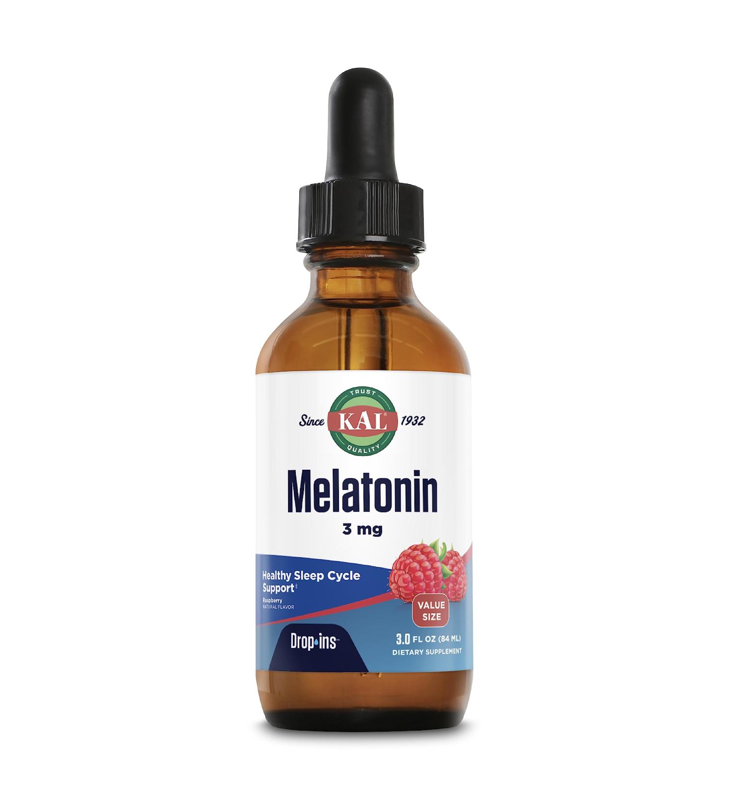 KAL Melatonin 3mg DropIns Fast Acting Sleep Aid Melatonin Drops for Calming Relaxation and Healthy Sleep Cycle Support Natural Raspberry Flavor 60 Day Guarantee Approx. 88 Servings 3 fl oz - Buy Online on GoSupps.com