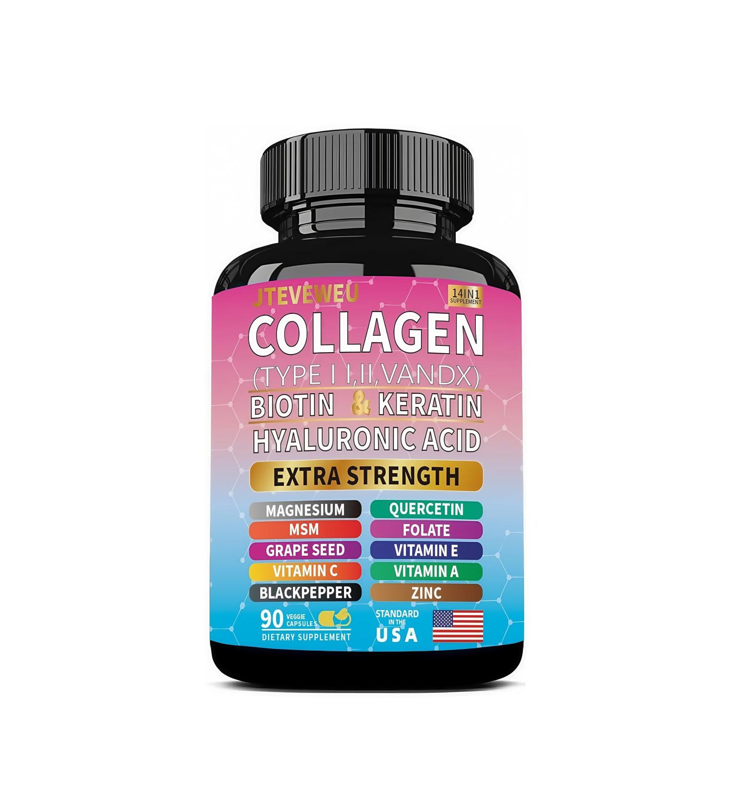Collagen Supplement - Type I, II, III, V and X - with Biotin, Keratin, Hyaluronic Acid & 13+ Extra Strength Ingredients - (90 Capsules) 90 Count (Pack of 1) - Buy Online on GoSupps.com