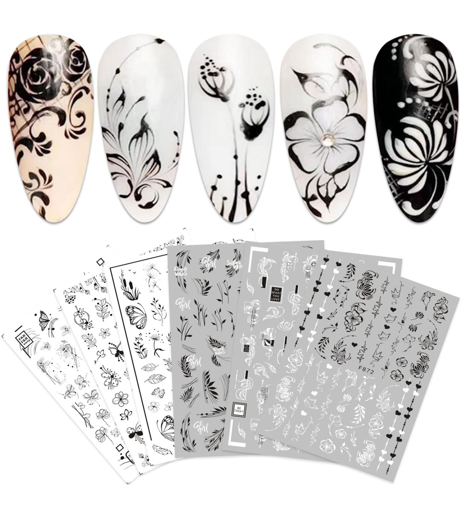 Buy 10 Sheets Black & White Butterfly Flower Nail Stickers - Self-Adhesive Art Decals for Creative Nail Designs | International Shipping Available - Buy Online on GoSupps.com