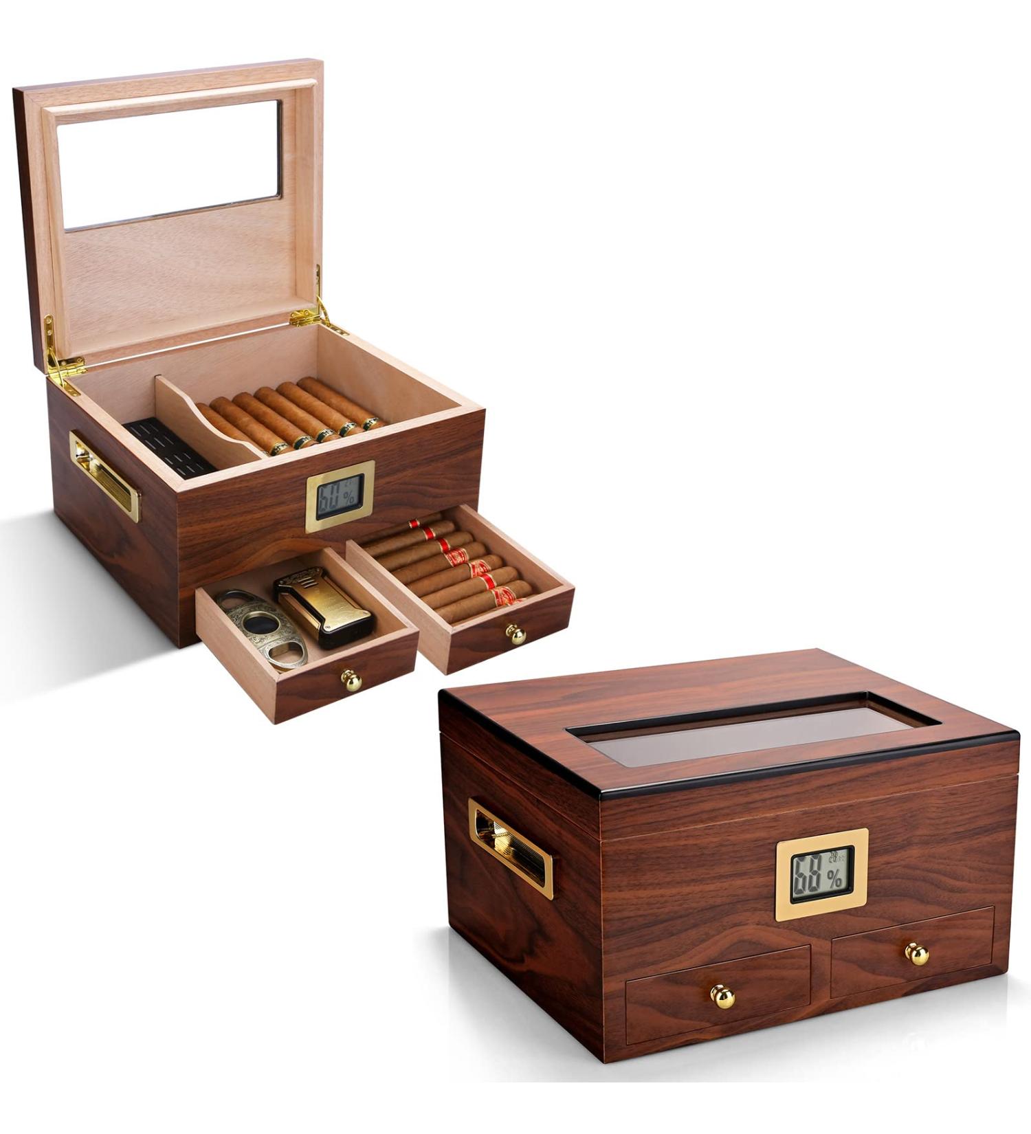 CIGARLOONG Cigar Humidor 35-50 Count Glass Top Large Capacity Cigar Box with Front Hygrometer Humidifier and Accessory Drawer(Brown) - Buy Online on GoSupps.com