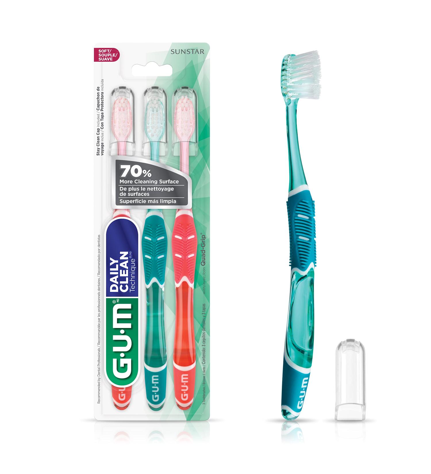 GUM Technique Daily Clean Toothbrush with Quad-Grip Handle & Stay Clean Cap Compact Head & Soft Bristles 3 Toothbrushes Multicoloured Daily Clean 1 count (Pack of 3) - Buy Online on GoSupps.com