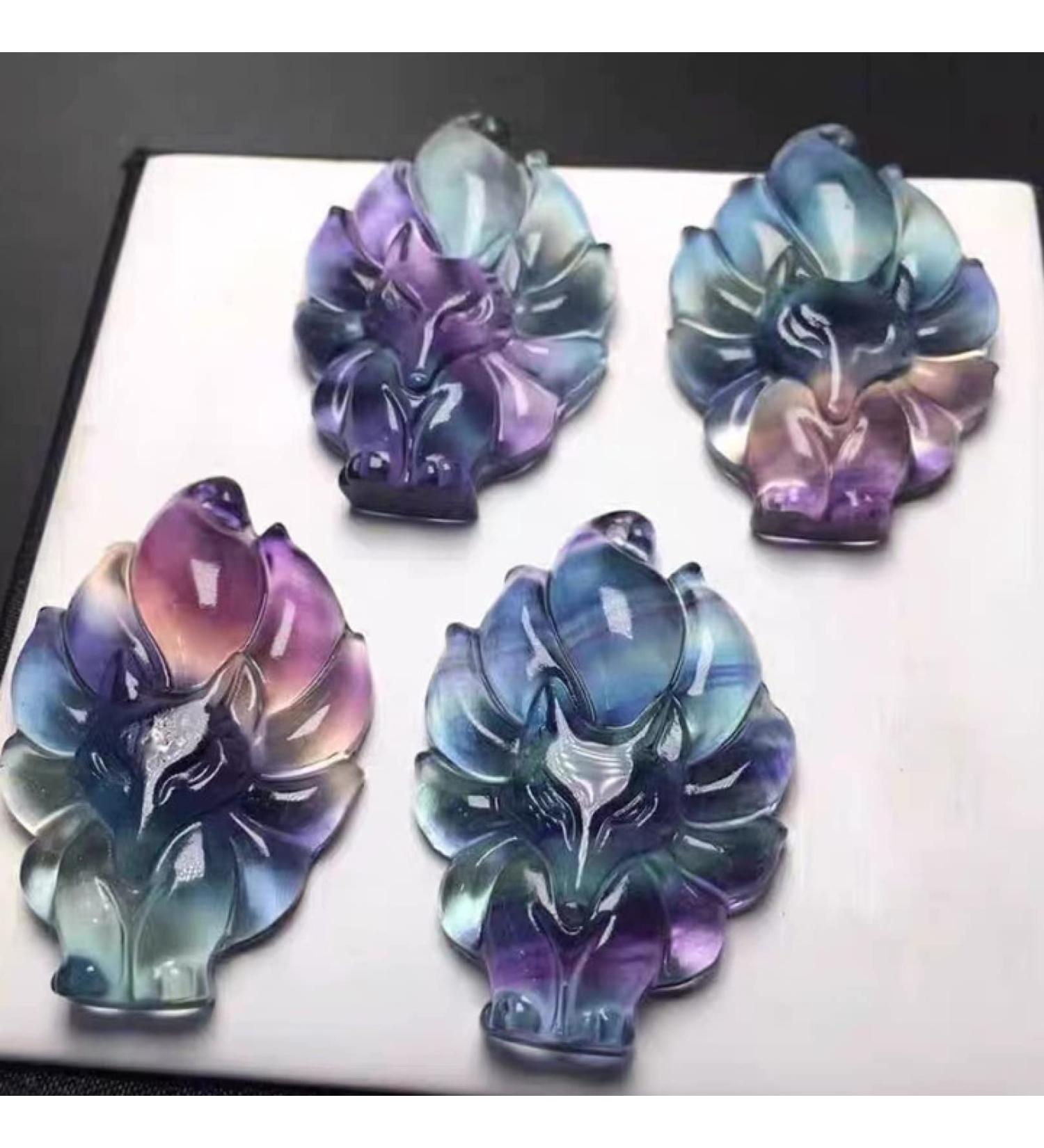 Fox Figurines Crystal Stone Natural Rainbow Fluorite Crystal Stone Hand Carved Nine Tails Fox Sculpture Animal Ornaments Love Gift 1PC 4cm Fluorite - Buy Online on GoSupps.com